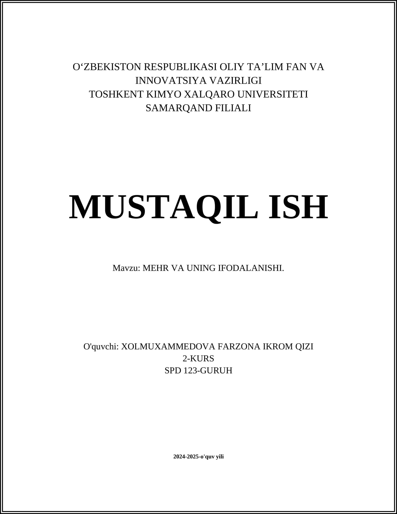 MEHR VA UNING IFODALANISHI