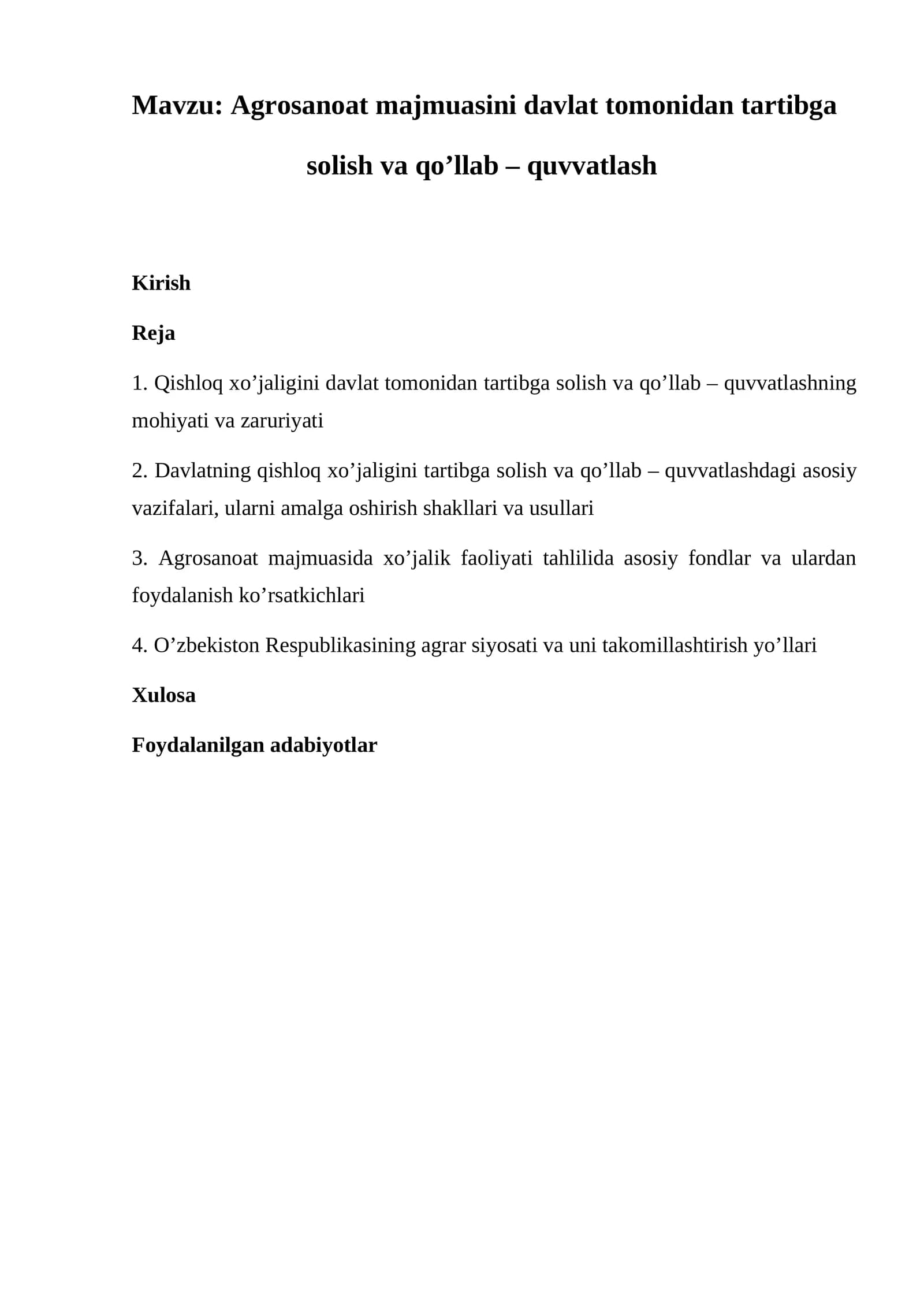 Agrosanoat majmuasini davlat tomonidan tartibga solish va qo’llab – quvvatlash