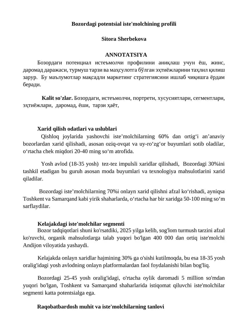 Bozordagi potentsial iste'molchining profili