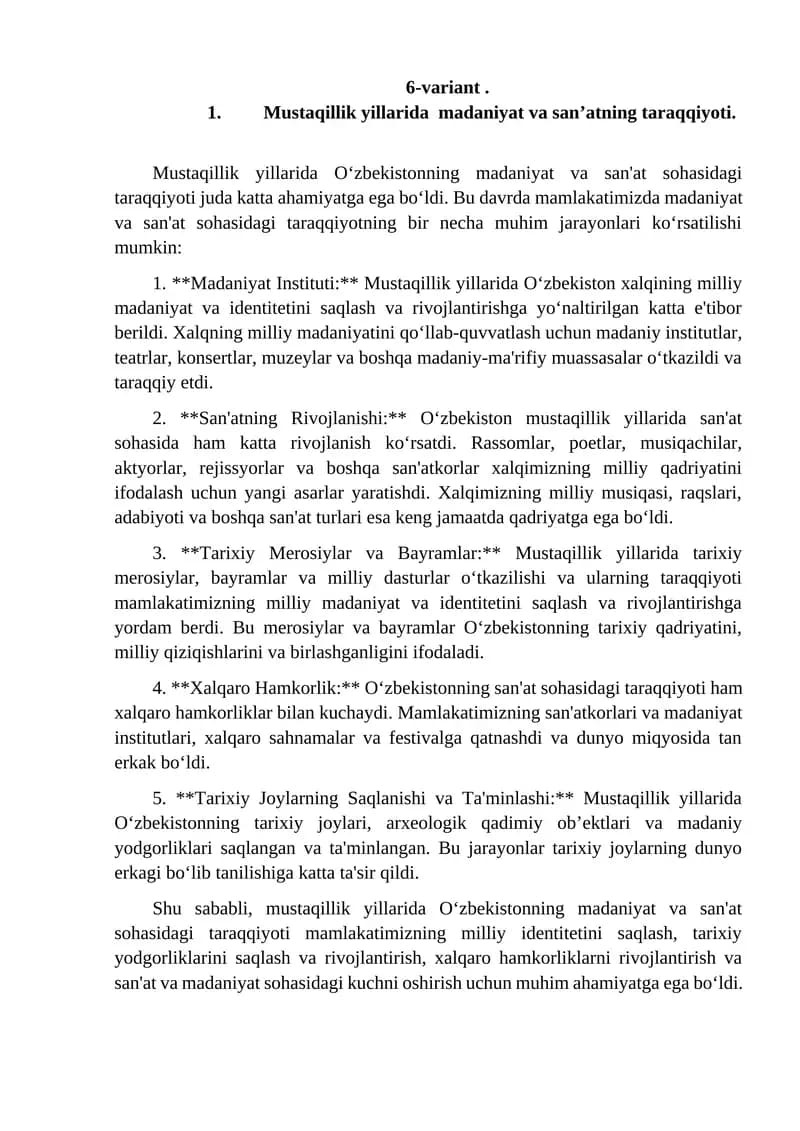 Mustaqillik yillarida madaniyat va sanʼatning taraqqiyoti