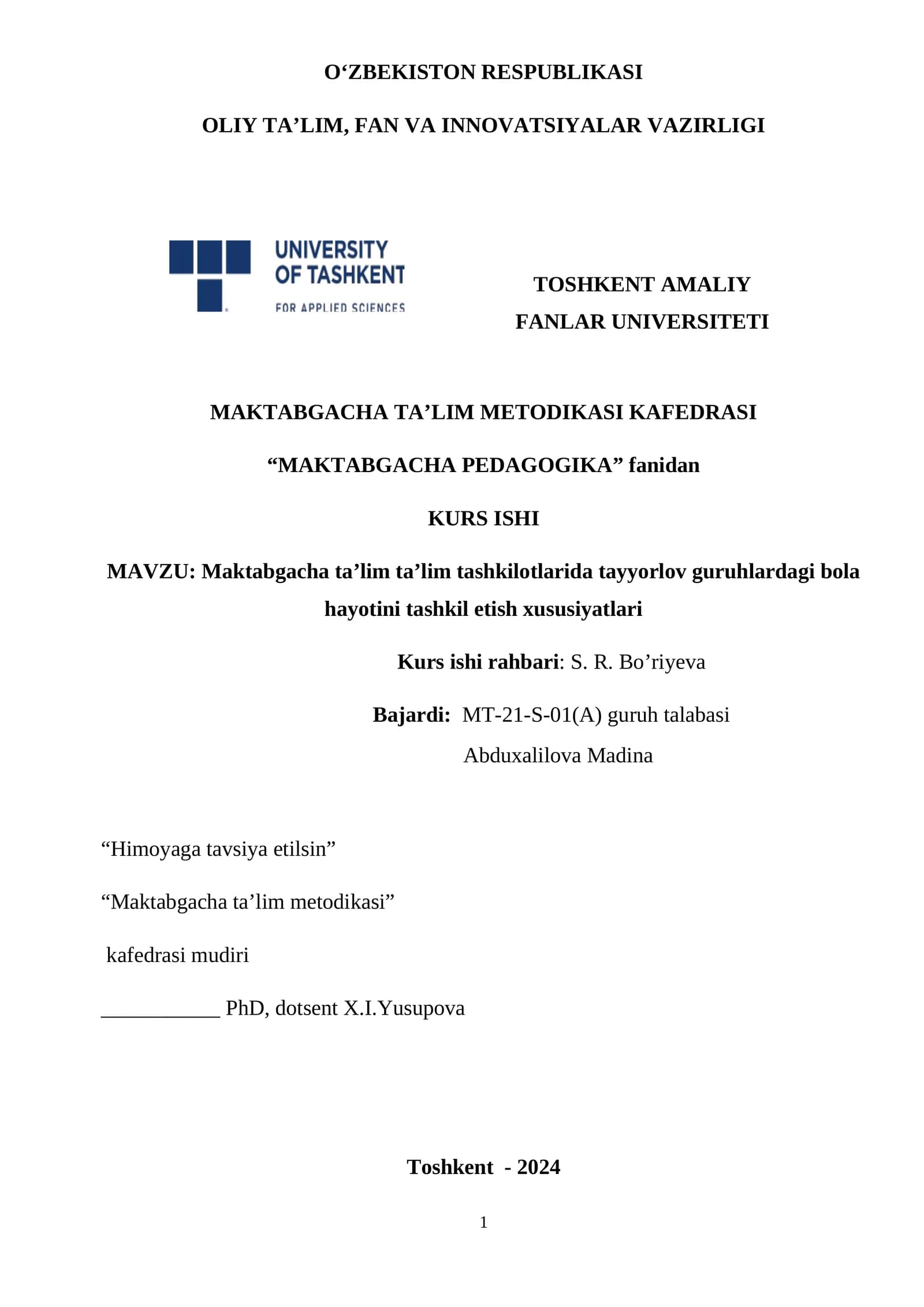 Maktabgacha ta’lim ta’lim tashkilotlarida tayyorlov guruhlardagi bola hayotini tashkil etish xususiyatlari