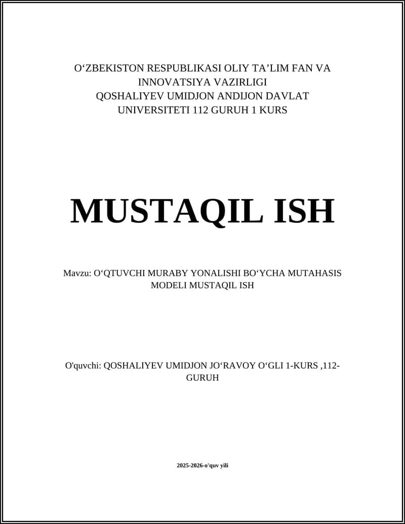 OʻQTUVCHI MURABY YONALISHI BOʻYCHA MUTAHASIS MODELI
