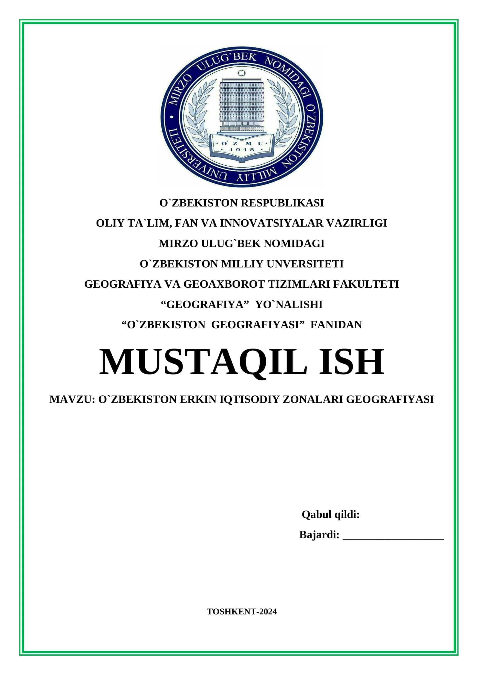 O‘ZBEKISTON ERKIN IQTISODIY ZONALARI GEOGRAFIYASI. AMALIY MASHG‘ULOT (2)