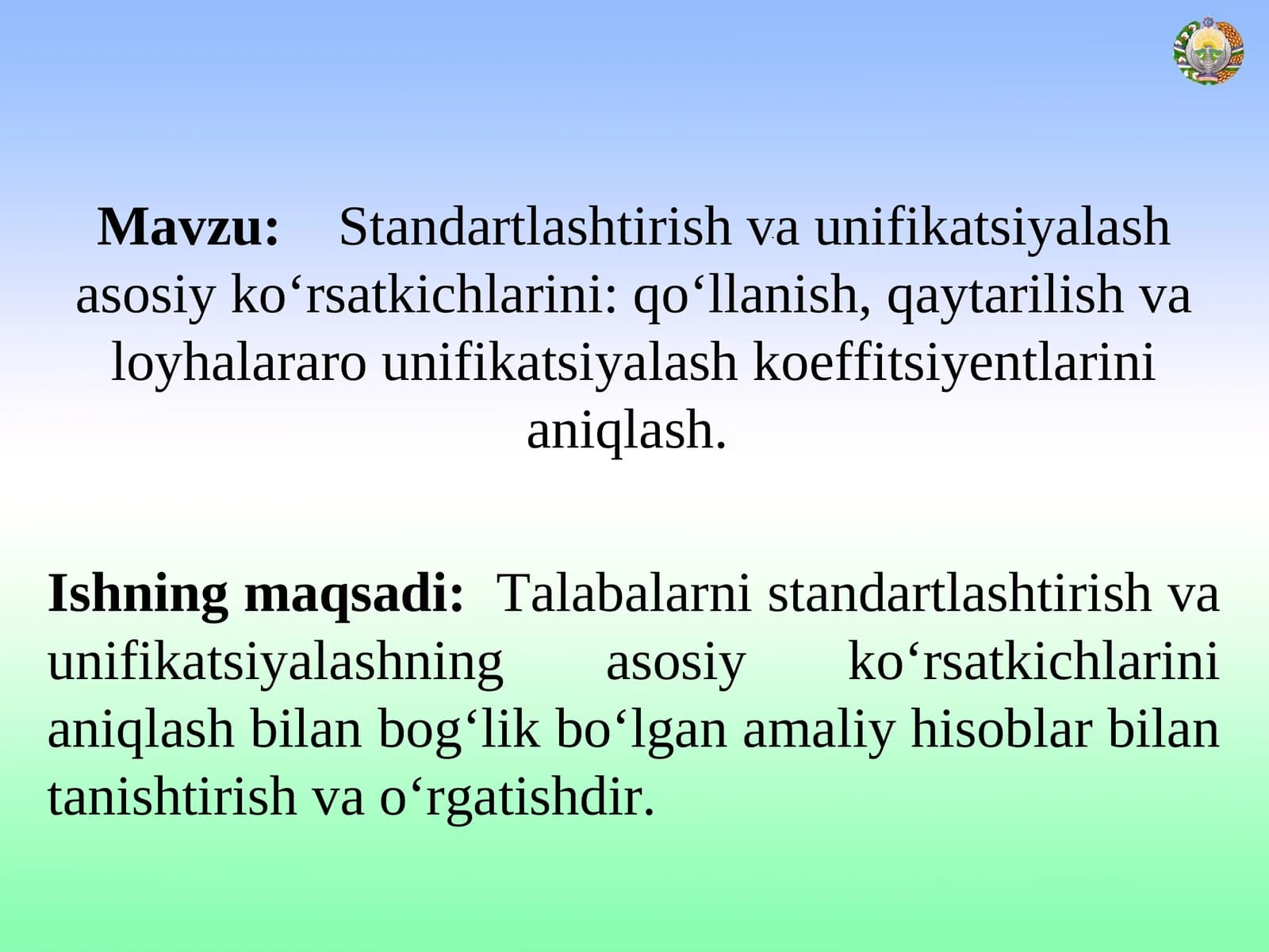 Standartlashtirish va unifikatsiyalash asosiy ko‘rsatkichlarini: qo‘llanish, qaytarilish va loyhalararo unifikatsiyalash koeffitsiyentlarini aniqlash