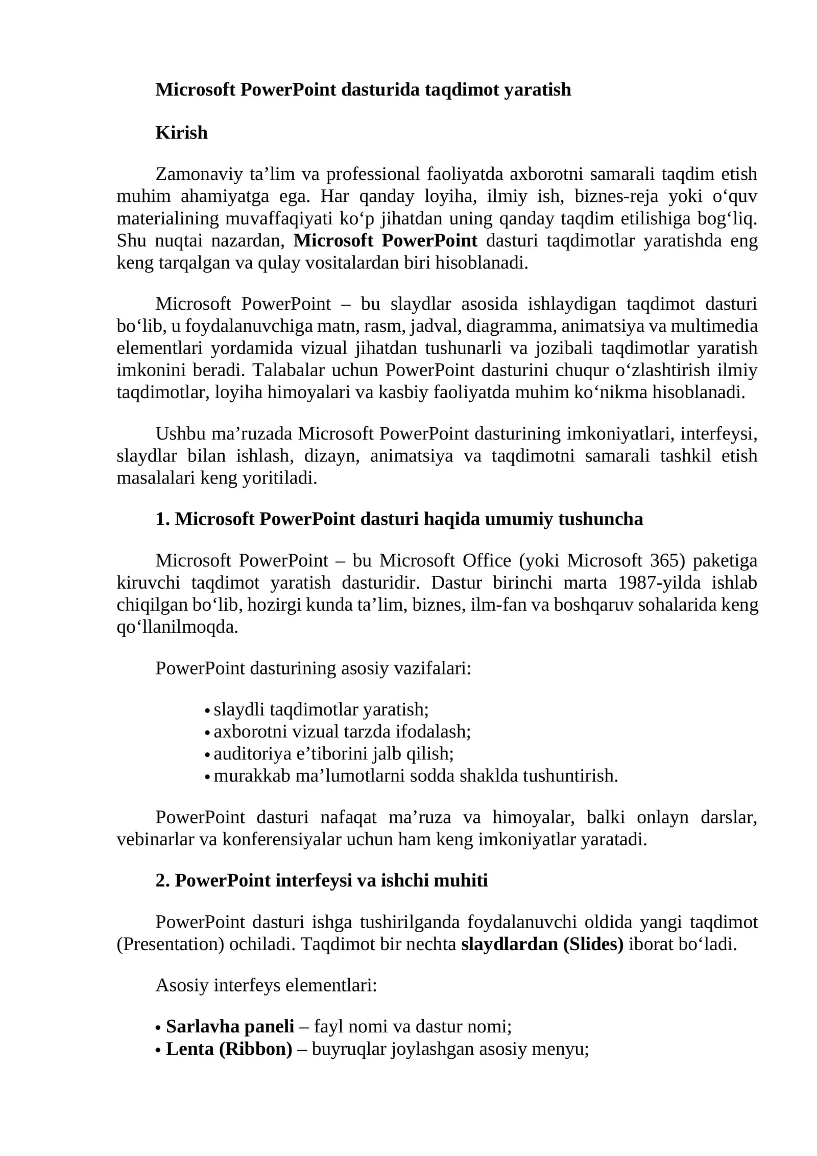 Microsoft PowerPoint dasturida taqdimot yaratish