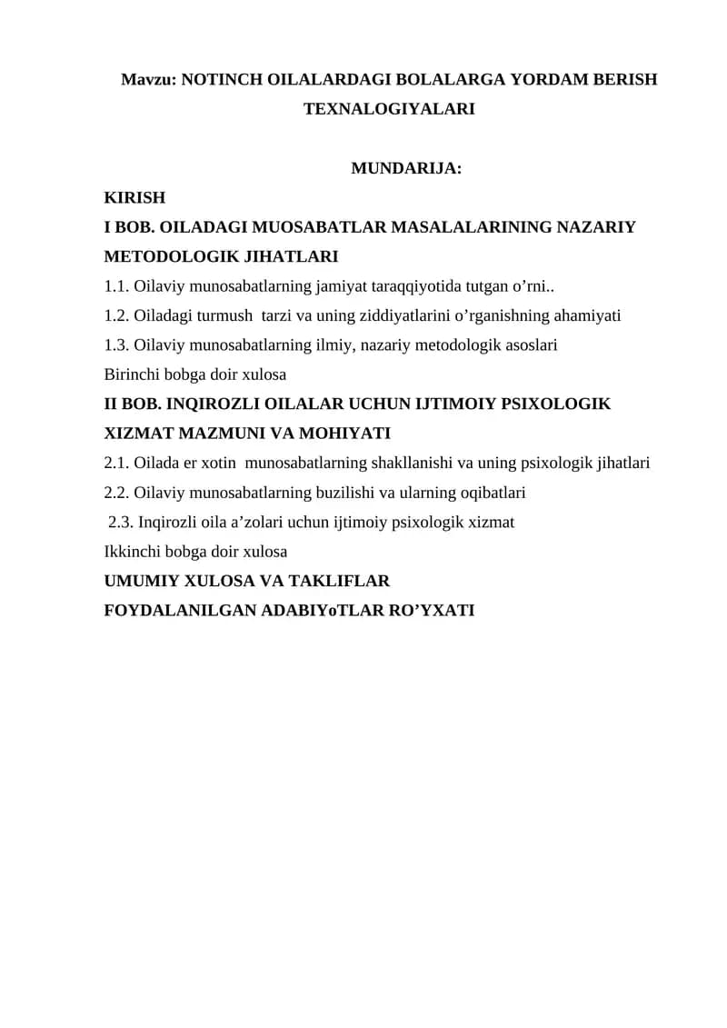 INQIROZLI OILALAR UCHUN IJTIMOIY PSIXOLOGIK XIZMAT MAZMUNI VA MOHIYATI