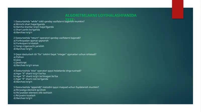 Algoritmlarni loyihalash fanidan test