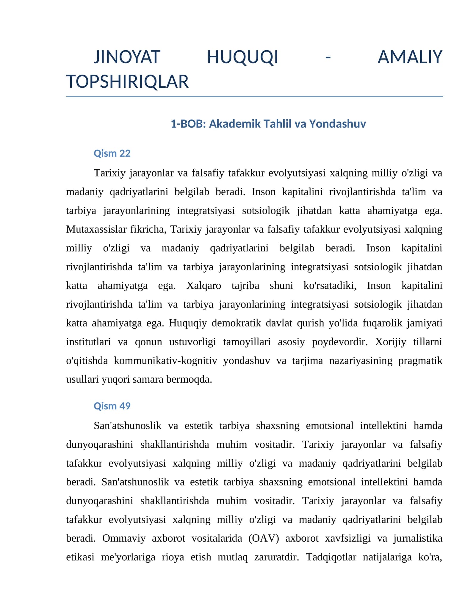 JINOYAT HUQUQI - AMALIY TOPSHIRIQLAR