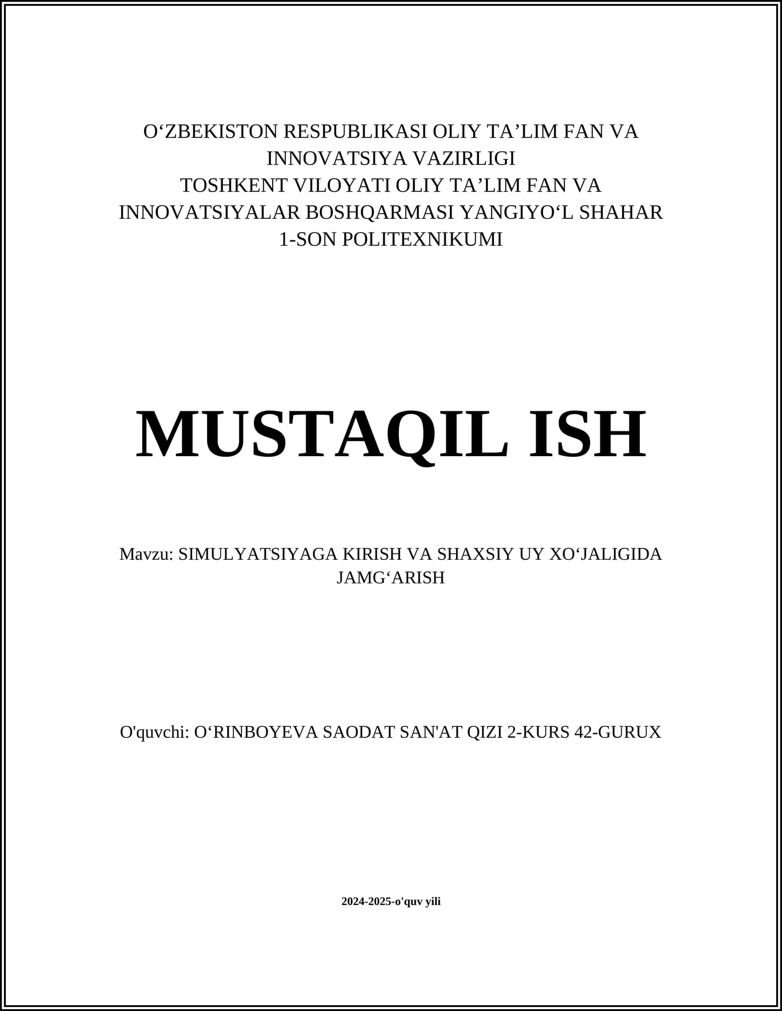 SIMULYATSIYAGA KIRISH VA SHAXSIY UY XO'JALIGIDA JAMG'ARISH