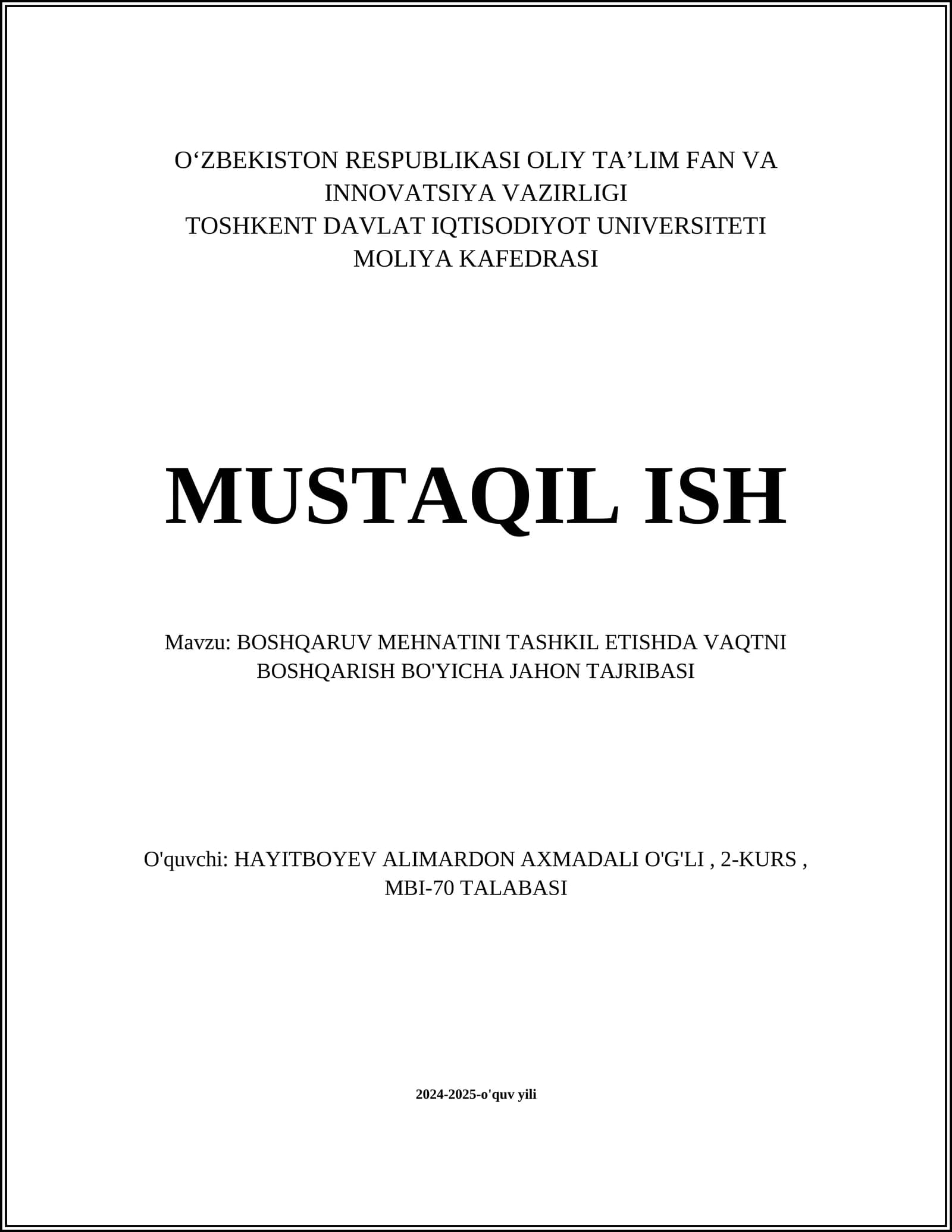 BOSHQARUV MEHNATINI TASHKIL ETISHDA VAQTNI BOSHQARISH BO'YICHA JAHON TAJRIBASI
