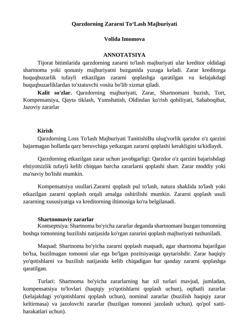 Qarzdorning Zararni ToʻLash Majburiyati