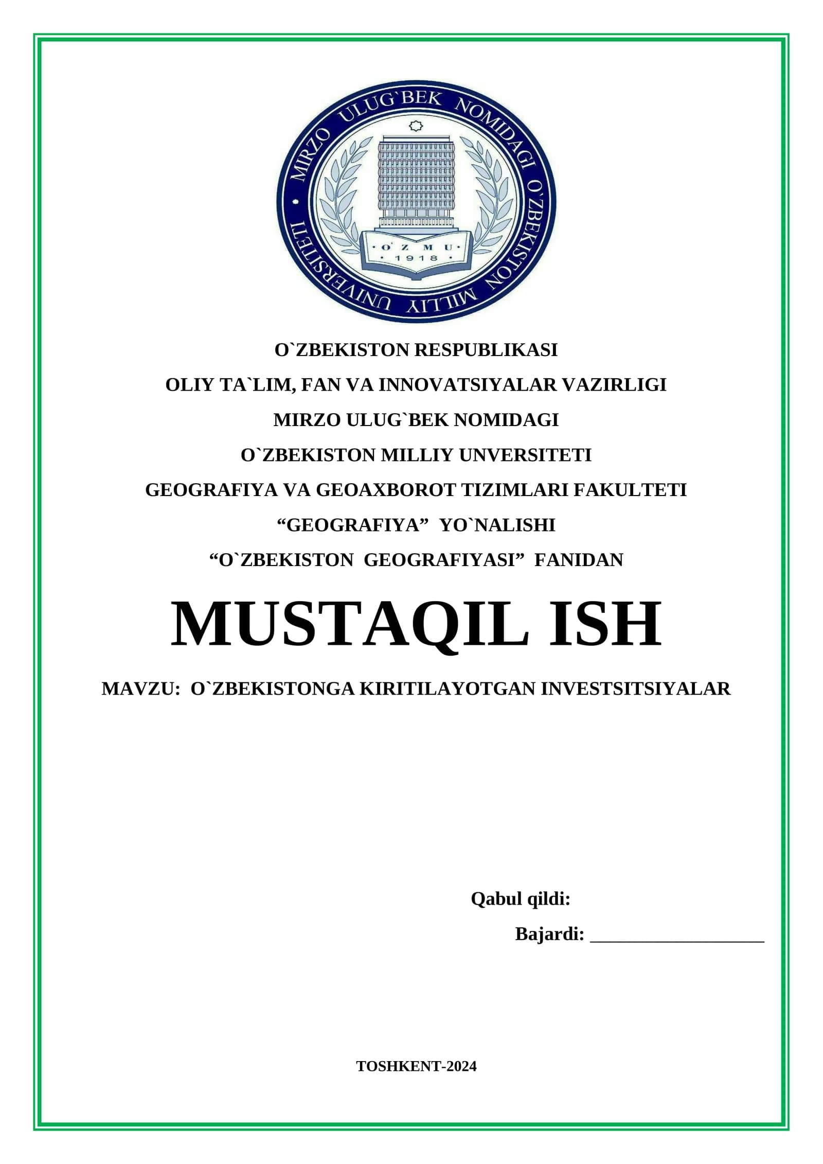 O`ZBEKISTONGA KIRITILAYOTGAN INVESTSITSIYALAR