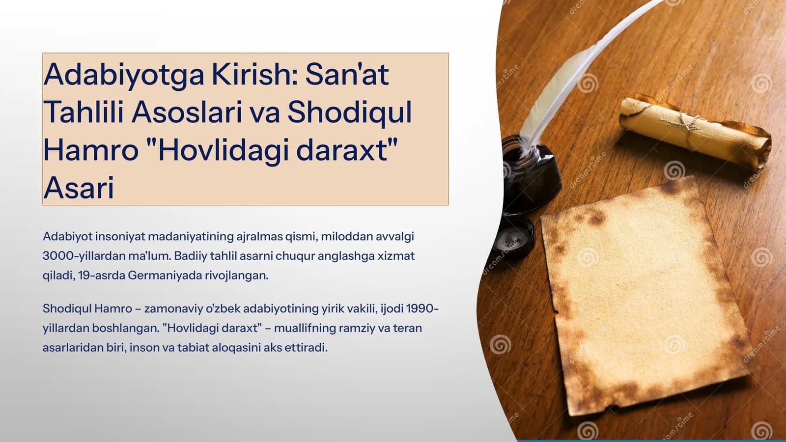 Adabiyotga Kirish: San'at Tahlili Asoslari va Shodiqul Hamro "Hovlidagi daraxt" Asari