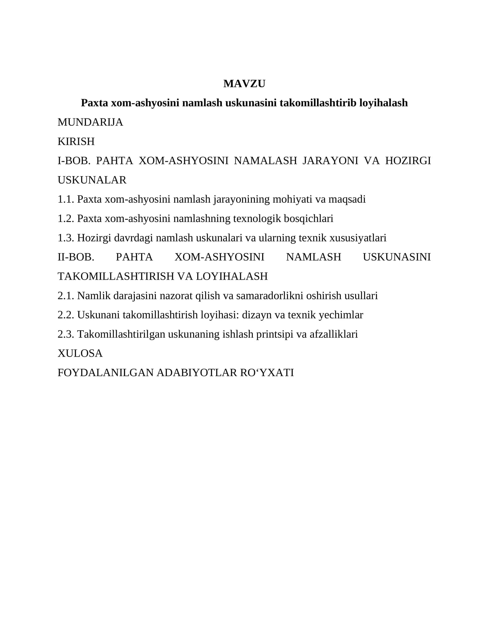 Paxta xom-ashyosini namlash uskunasini takomillashtirib loyihalash