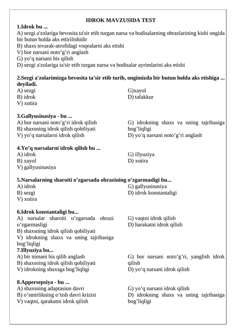 IDROK MAVZUSIDA TEST