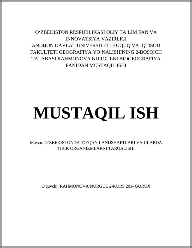 TOʻQAY LANDSHAFTLARI VA ULARDA TIRIK ORGANIZMLARNI TARQALISHI