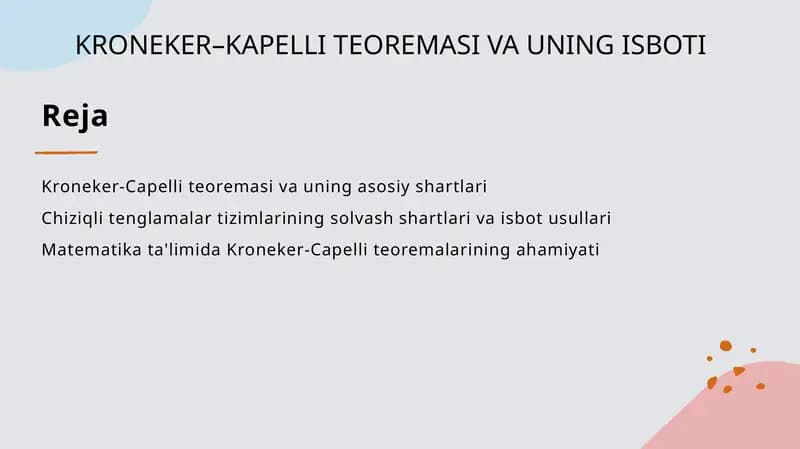 KRONEKER–KAPELLI TEOREMASI VA UNING ISBOTI