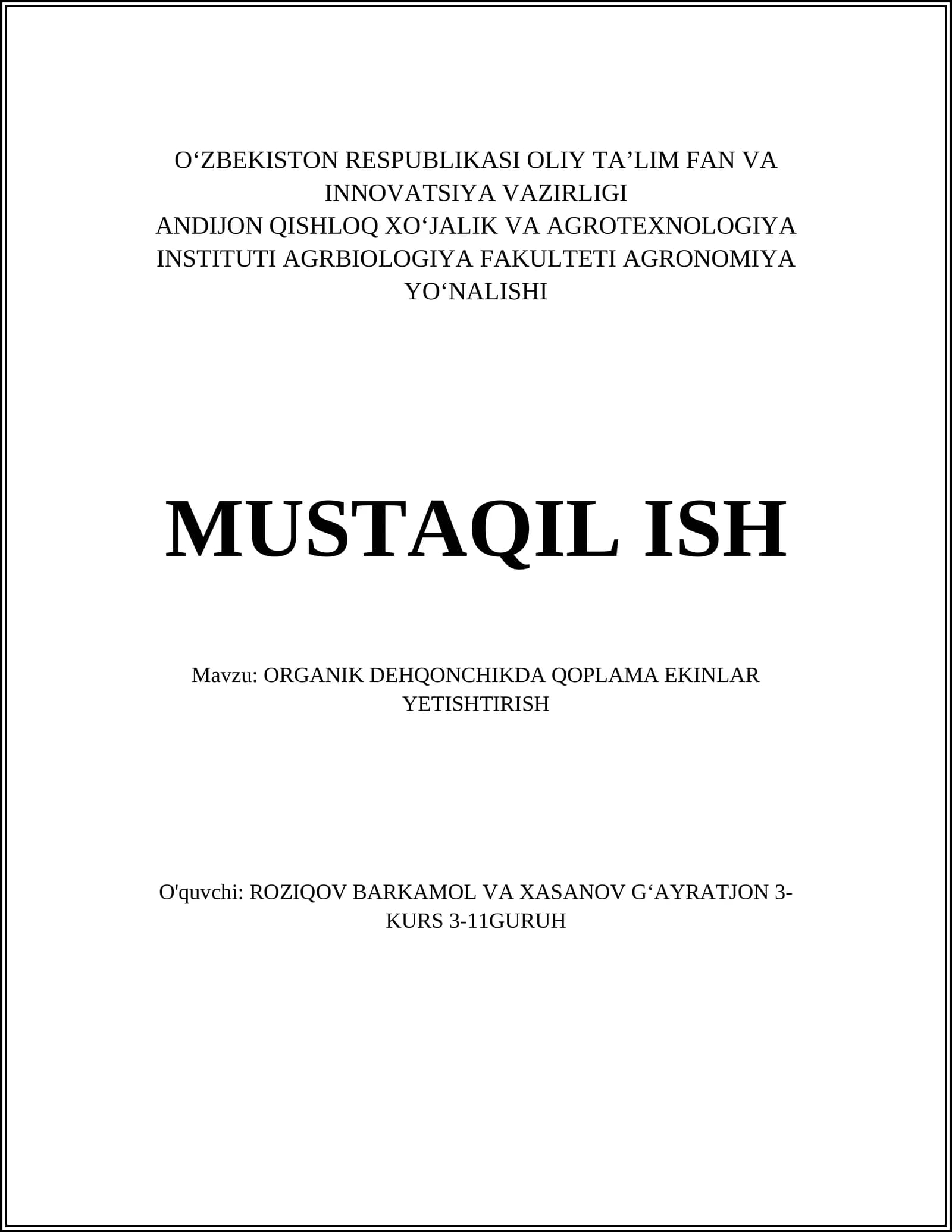 ORGANIK DEHQONCHIKDA QOPLAMA EKINLAR YETISHTIRISH