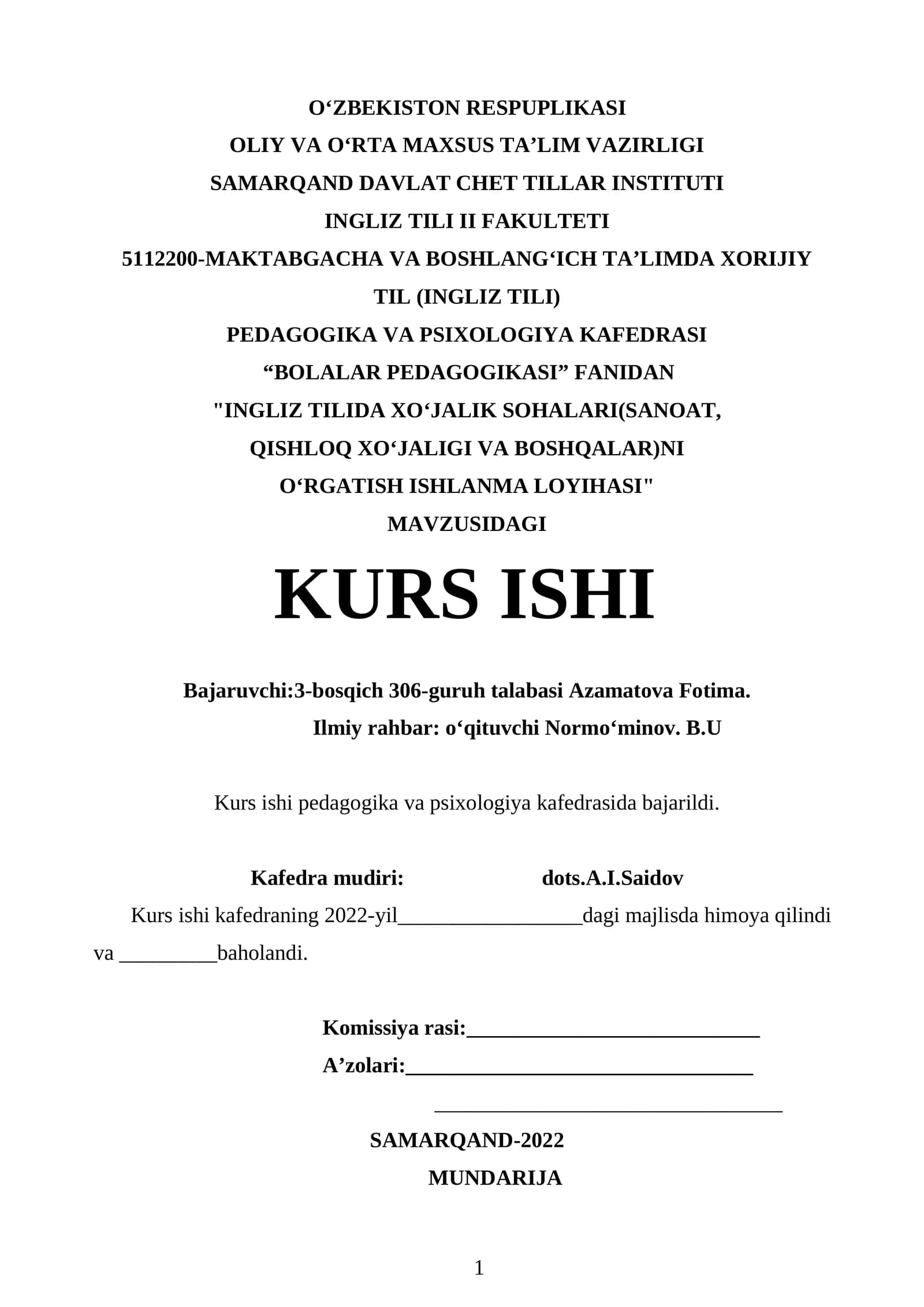 INGLIZ TILIDA XO‘JALIK SOHALARI(SANOAT, QISHLOQ XO‘JALIGI VA BOSHQALAR)NI O‘RGATISH ISHLANMA LOYIHASI