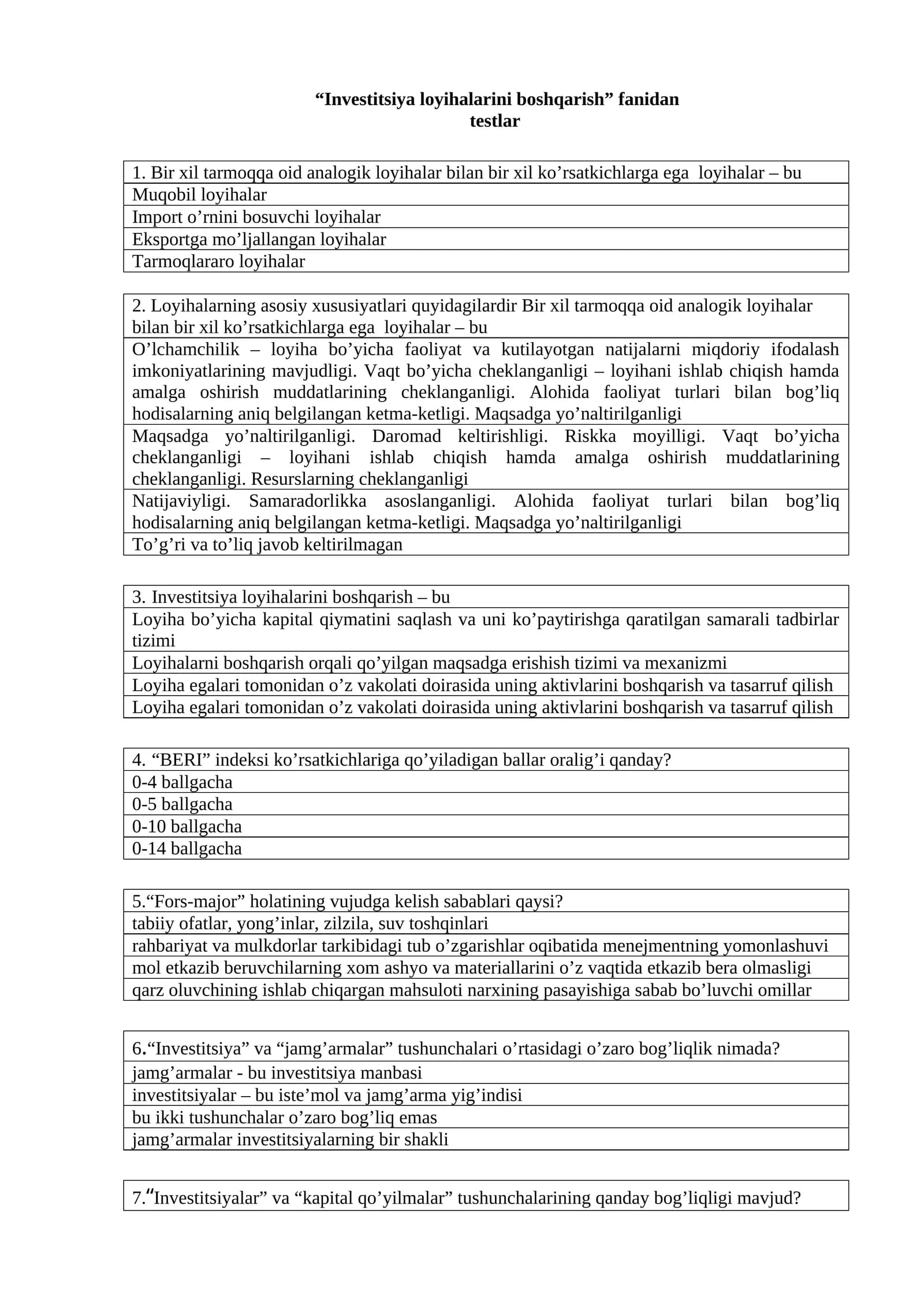 Investitsiya loyihalarini boshqarish fanidan  testlar  200 ta