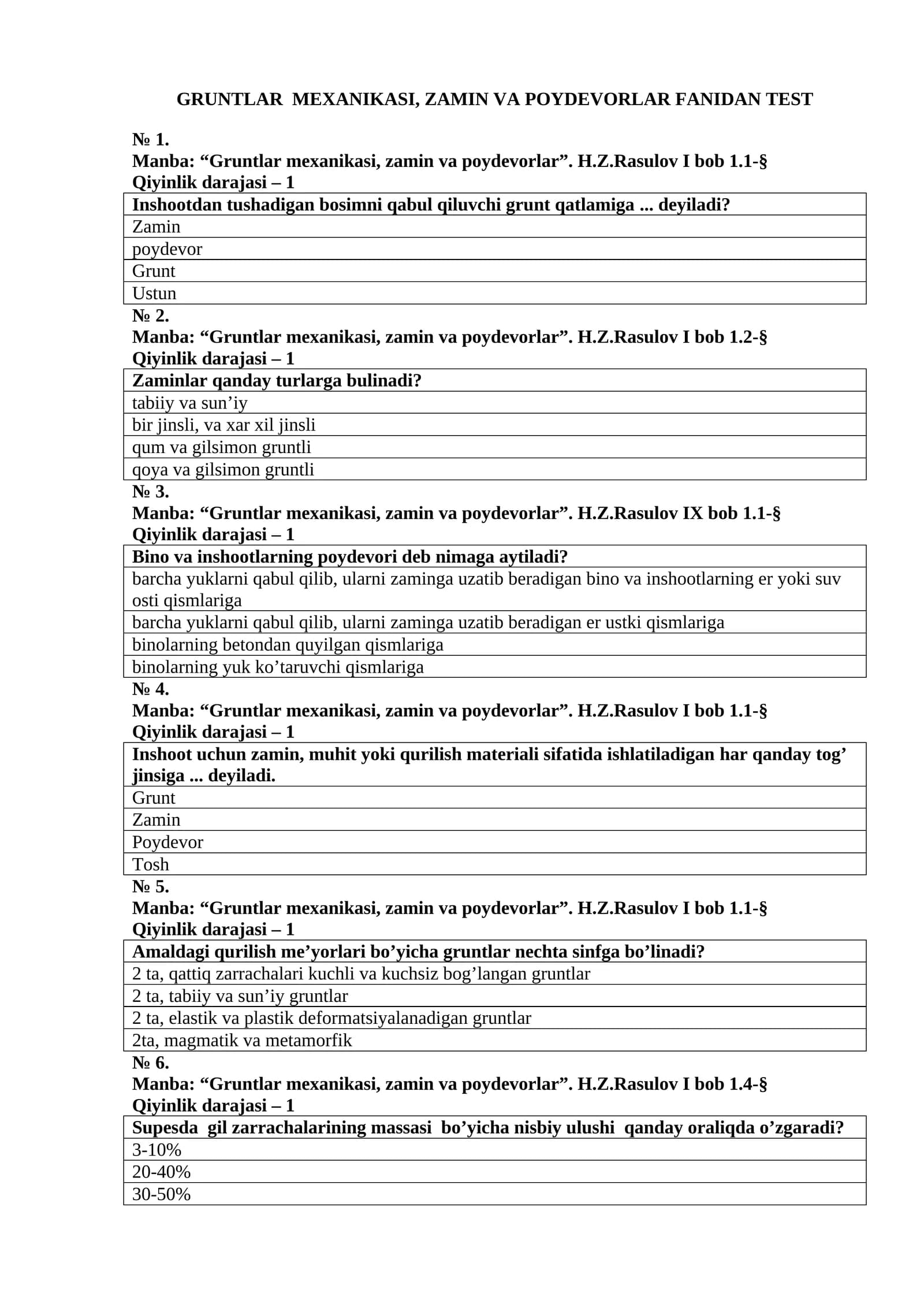 Gruntlar mexanikasi, zamin va poydevorlar fanidan test