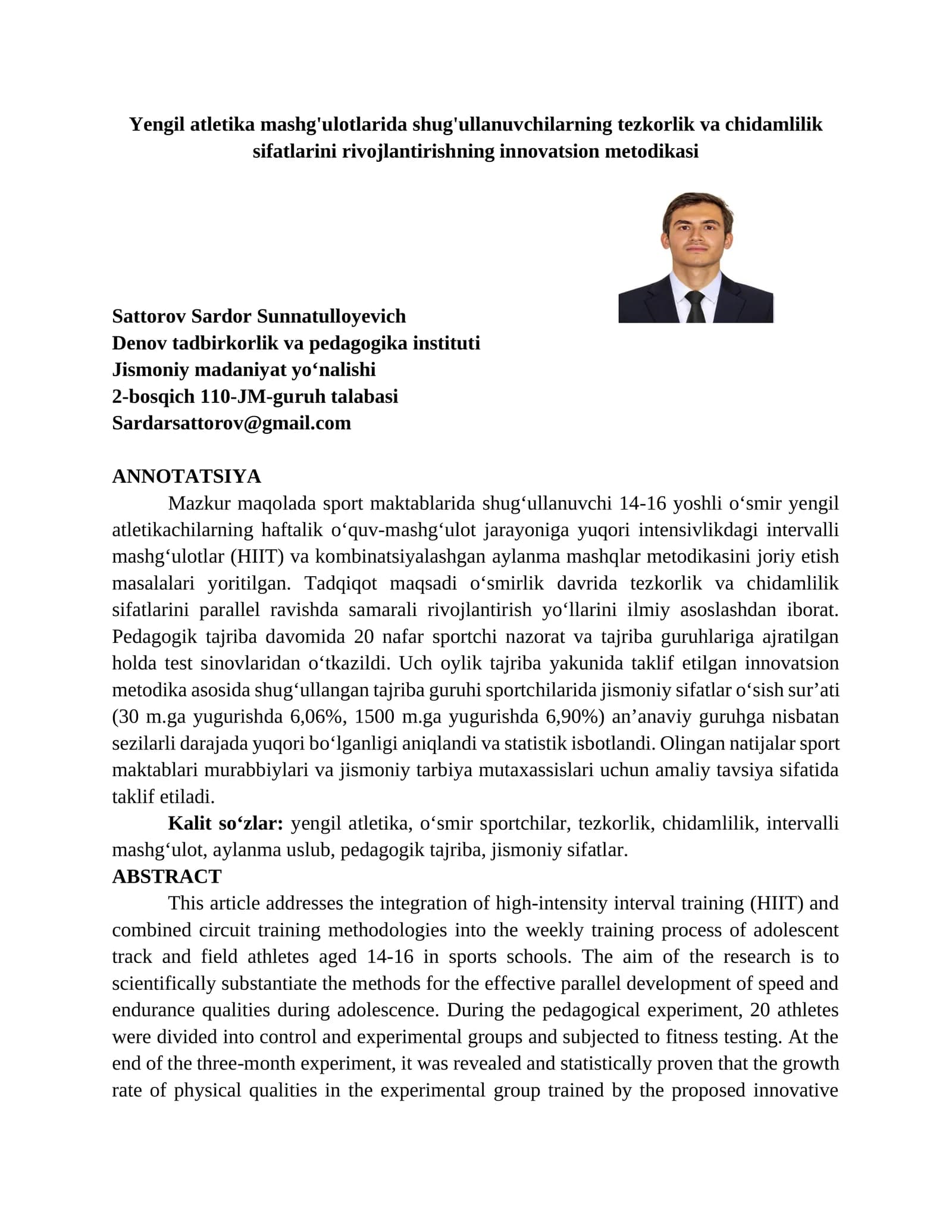 Yengil atletika mashg'ulotlarida shug'ullanuvchilarning tezkorlik va chidamlilik sifatlarini rivojlantirishning innovatsion metodikasi