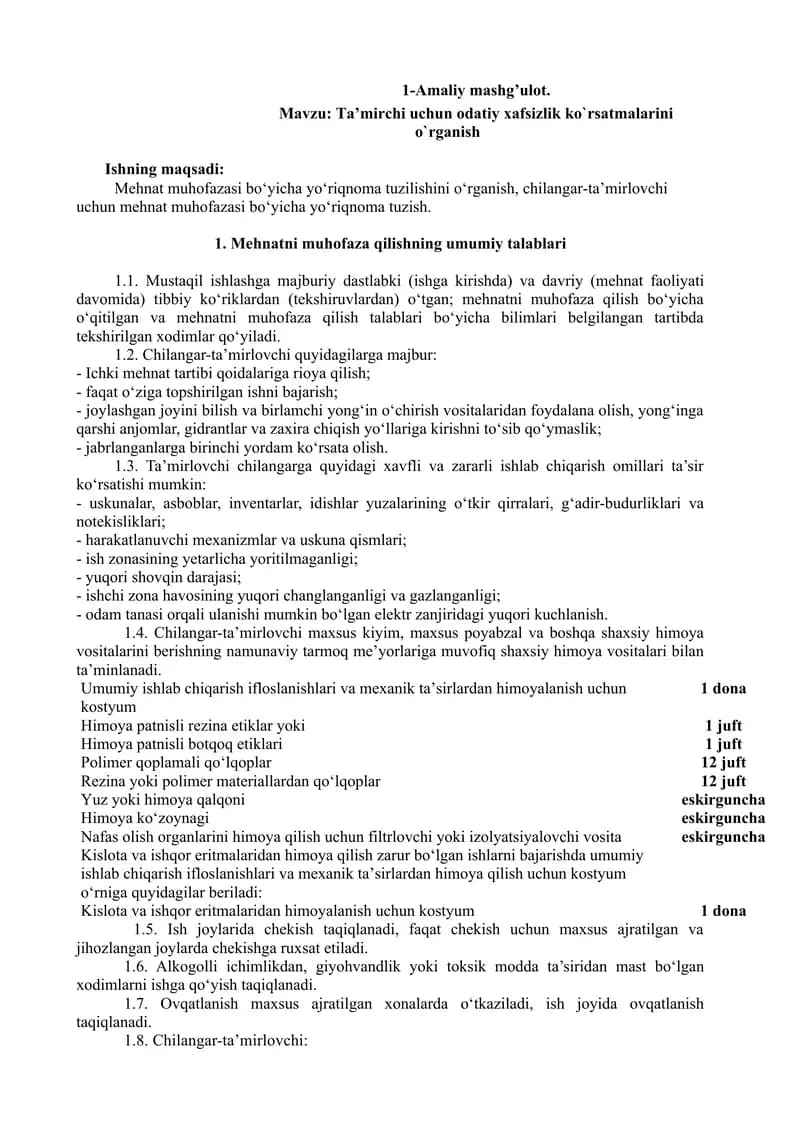 Ta’mirchi uchun odatiy xafsizlik ko`rsatmalarini o`rganish