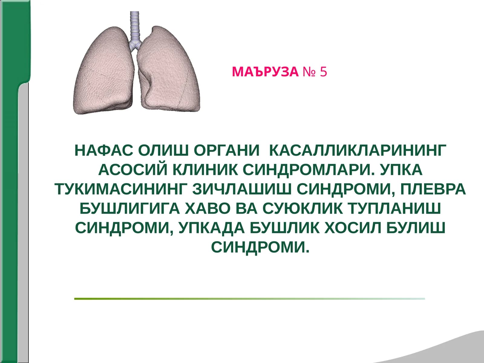 НАФАС ОЛИШ ОРГАНИ  КАСАЛЛИКЛАРИНИНГ АСОСИЙ КЛИНИК СИНДРОМЛАРИ. УПКА ТУКИМАСИНИНГ ЗИЧЛАШИШ СИНДРОМИ, ПЛЕВРА БУШЛИГИГА ХАВО ВА СУЮКЛИК ТУПЛАНИШ СИНДРОМИ, УПКАДА БУШЛИК ХОСИЛ БУЛИШ СИНДРОМИ