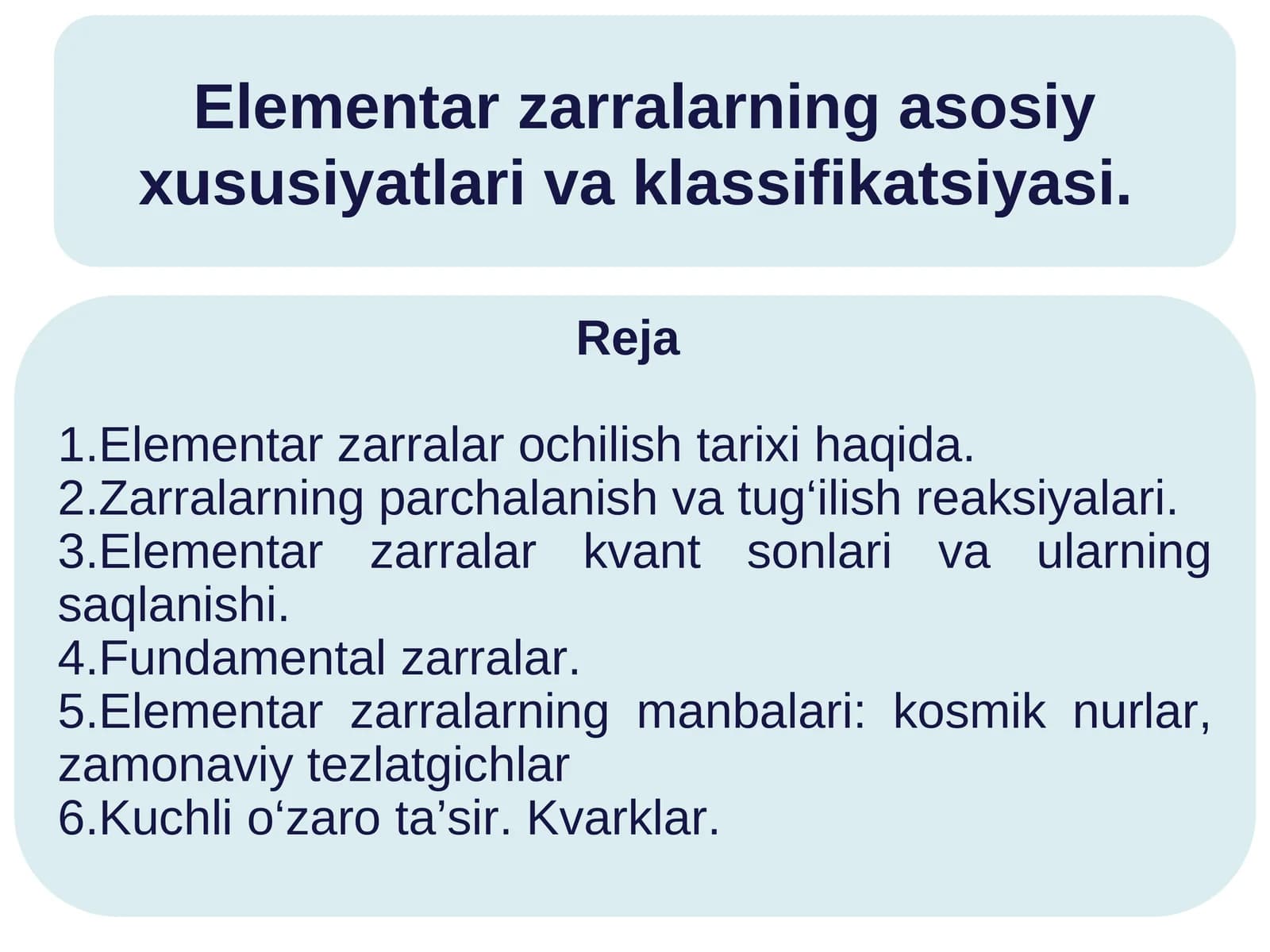 Elementar zarralarning asosiy xususiyatlari va klassifikatsiyasi mavzusi bo'yicha tayor taqdimot.