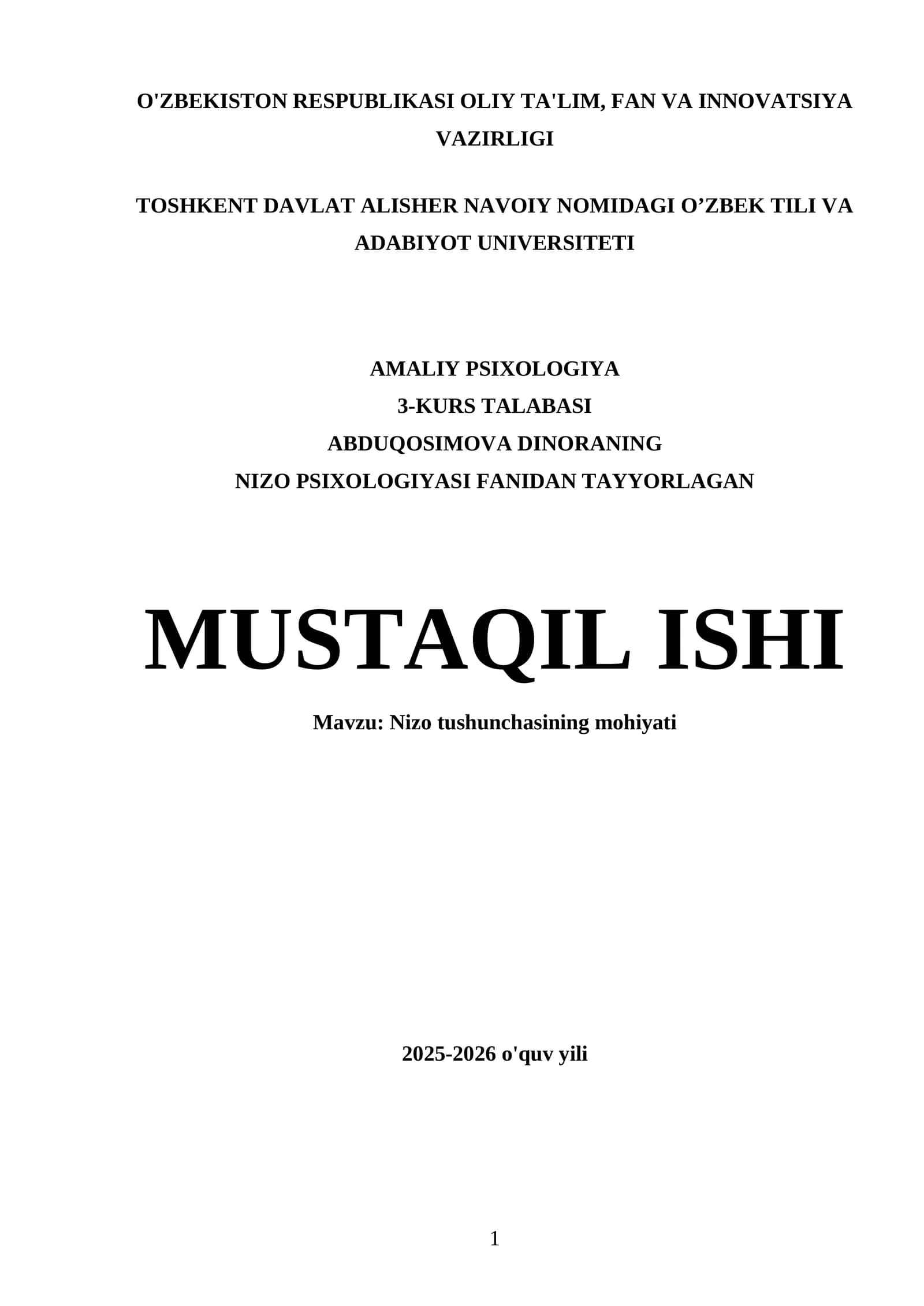 Nizo Psixologiyasi Fanidagi Mustaqil Ish