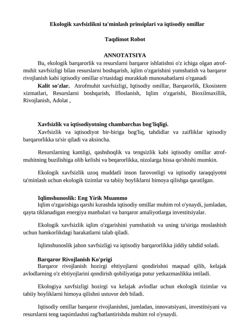 Ekologik xavfsizlikni ta'minlash prinsiplari va iqtisodiy omillar