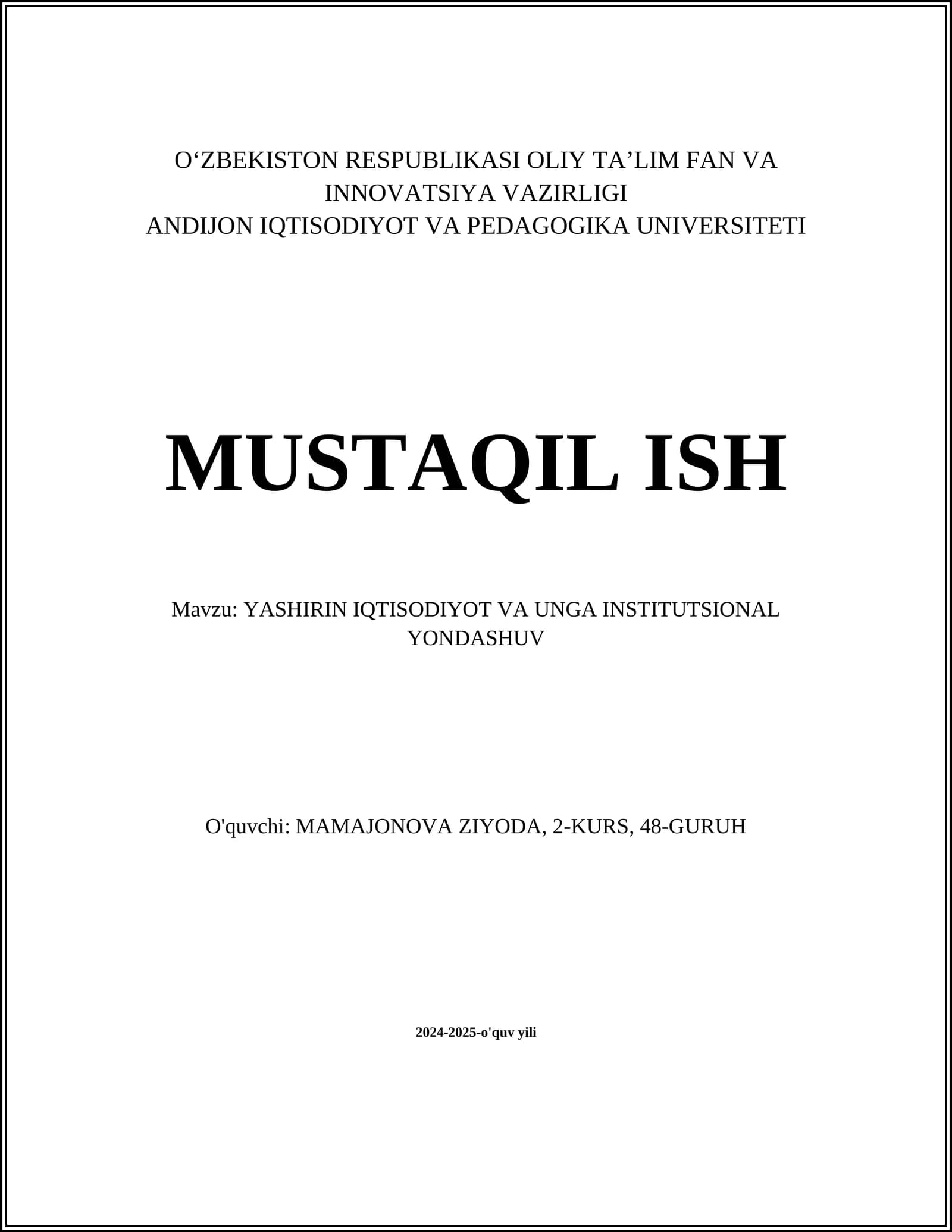 YASHIRIN IQTISODIYOT VA UNGA INSTITUTSIONAL YONDASHUV