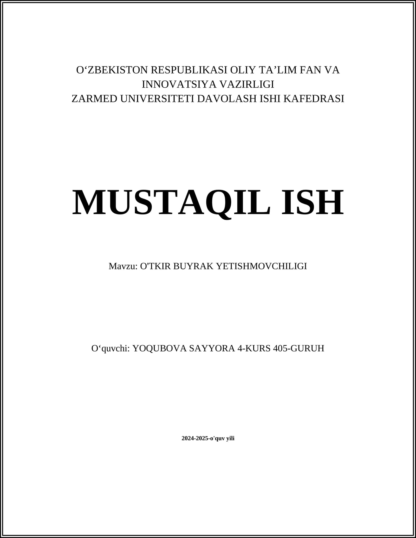 O'TKIR BUYRAK YETISHMOVCHILIGI