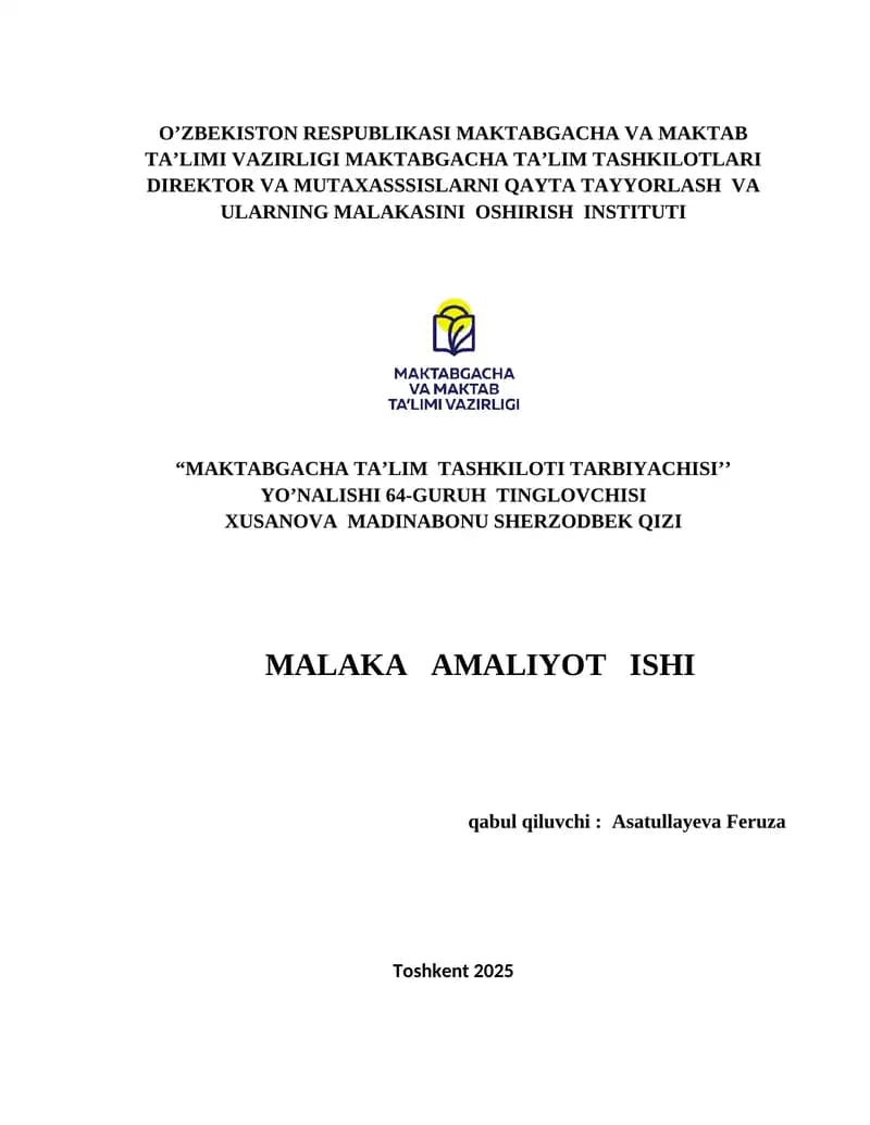 "MAKTABGACHA TA’LIM TASHKILOTI TARBIYACHISI’’ YO’NALISHI 64-GURUH TINGLOVCHISI