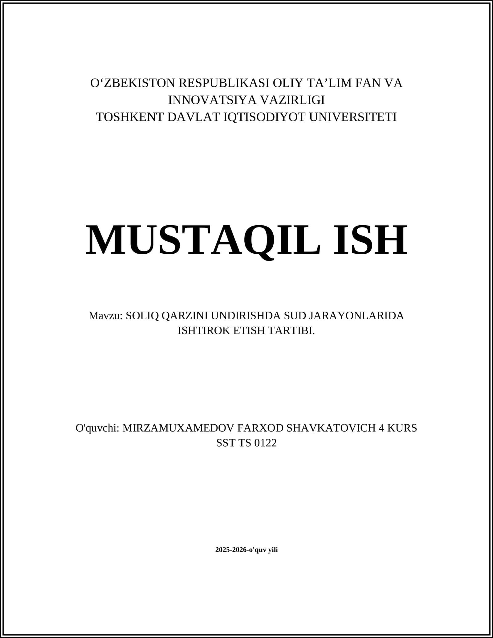 SOLIQ QARZINI UNDIRISHDA SUD JARAYONLARIDA ISHTIROK ETISH TARTIBI