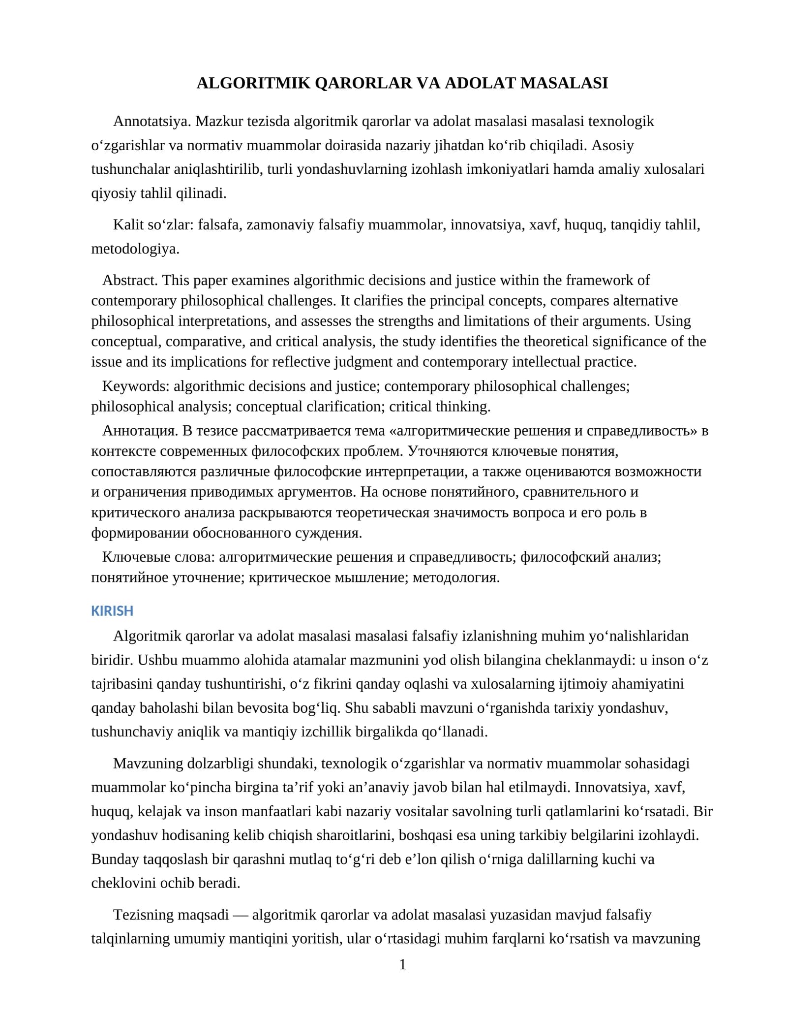 ALGORITMIK QARORLAR VA ADOLAT MASALASI