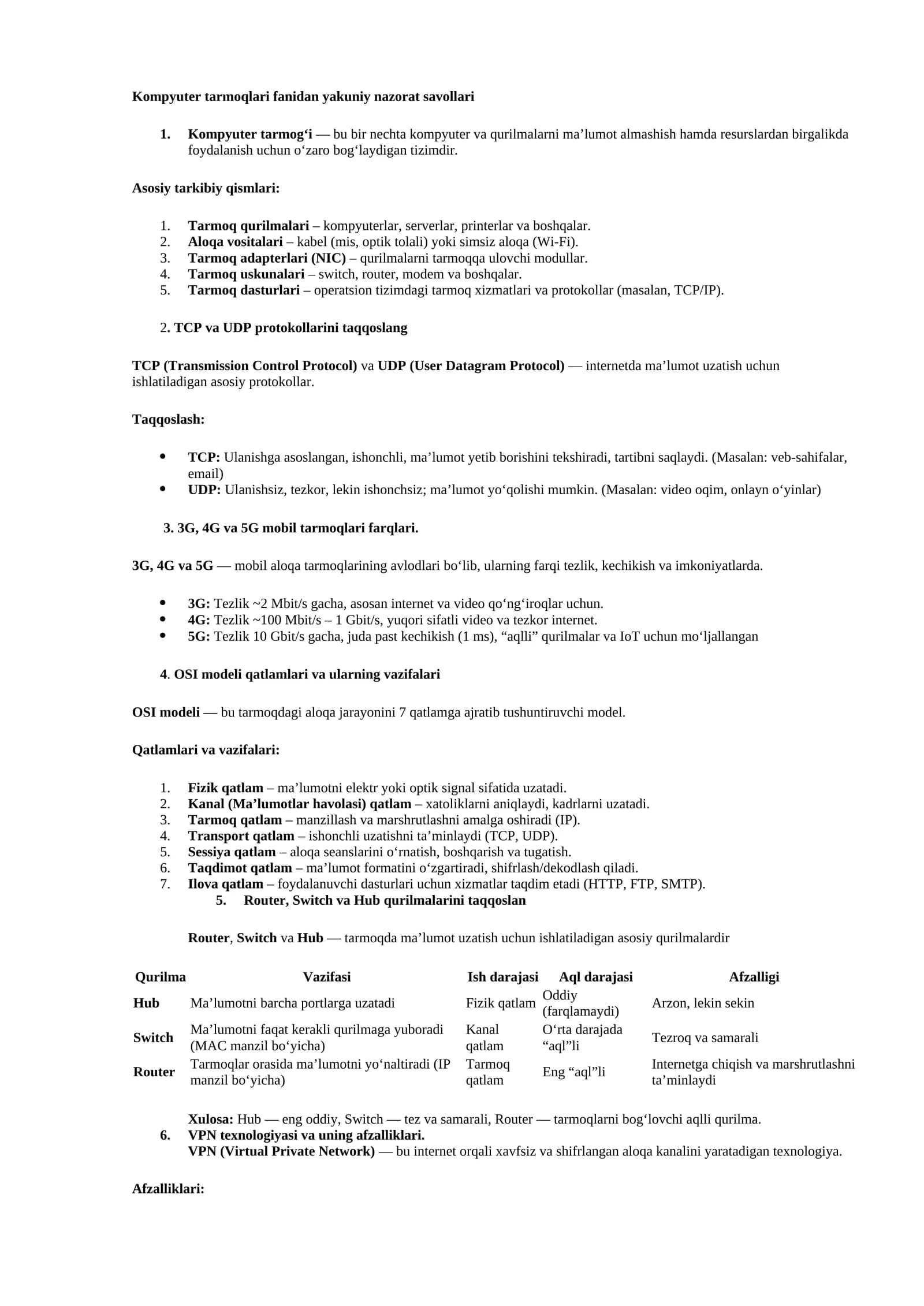 Kompyuter tarmoqlari fanidan yakuniy nazorat savollari
