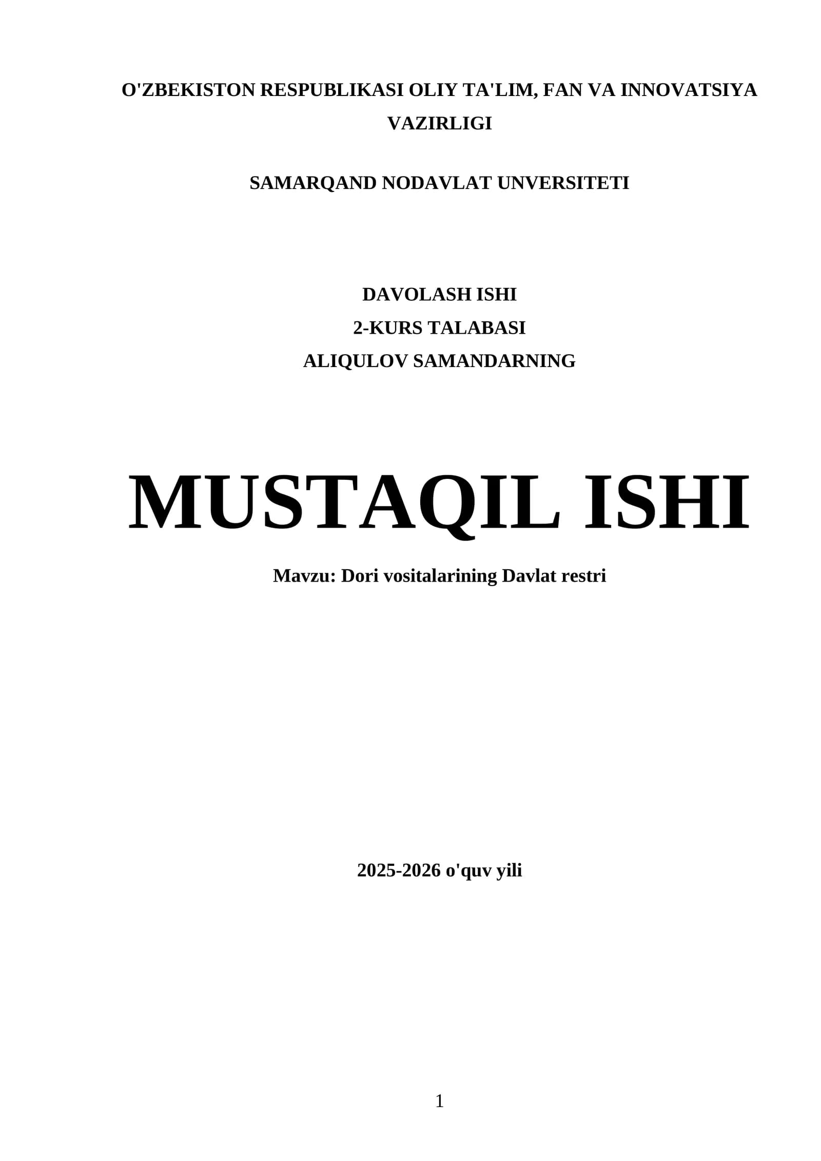 Davolash Ishi - Aliqulov Samandarning Mustaqil Ishi