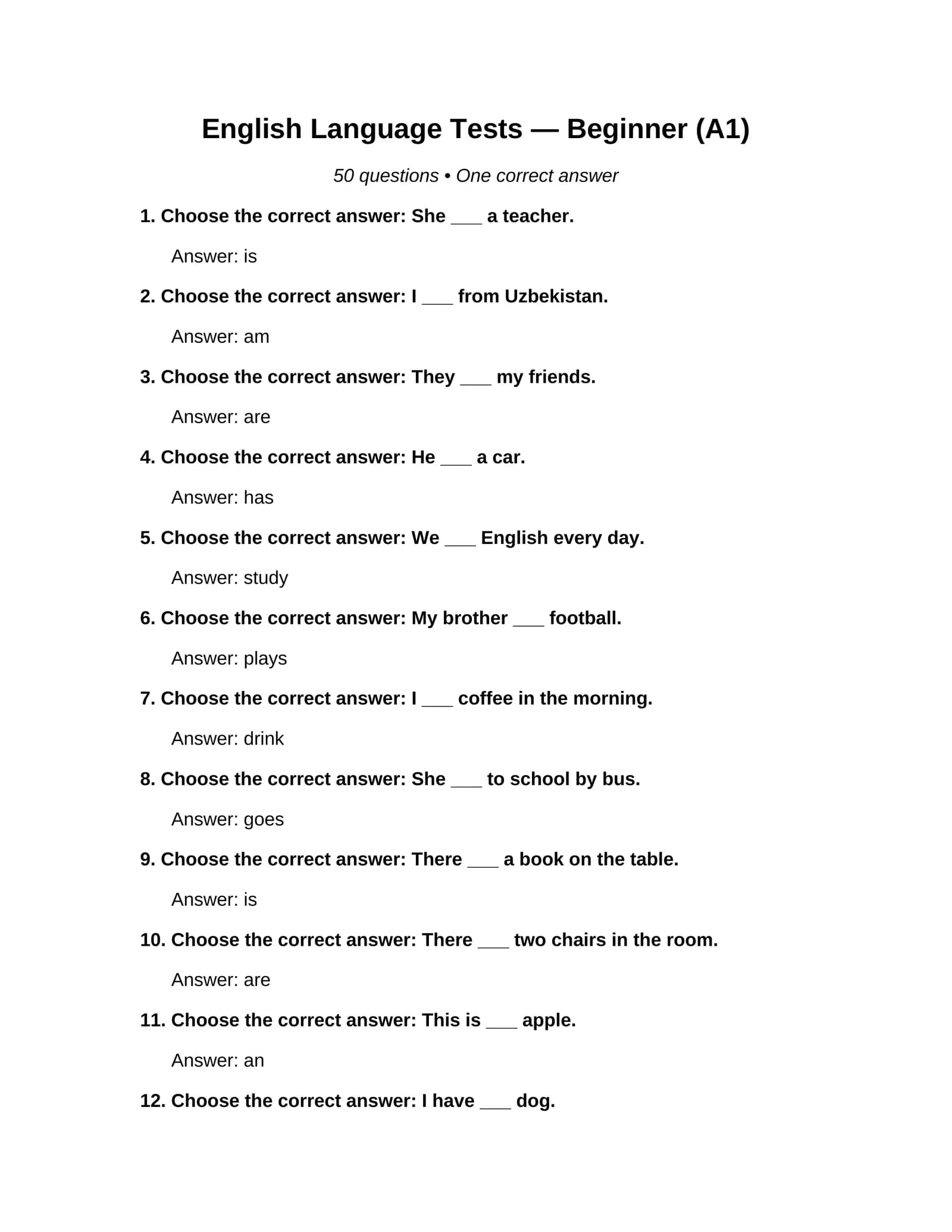 English Tests A1 — 50 Questions