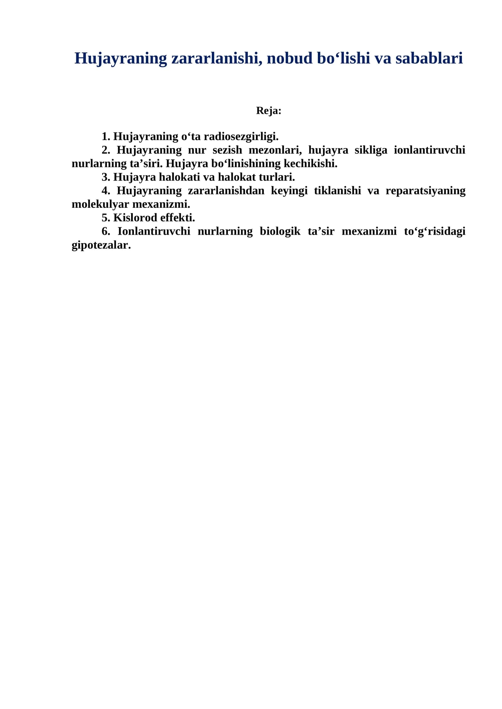 Hujayraning zararlanishi, nobud boʻlishi va sabablari