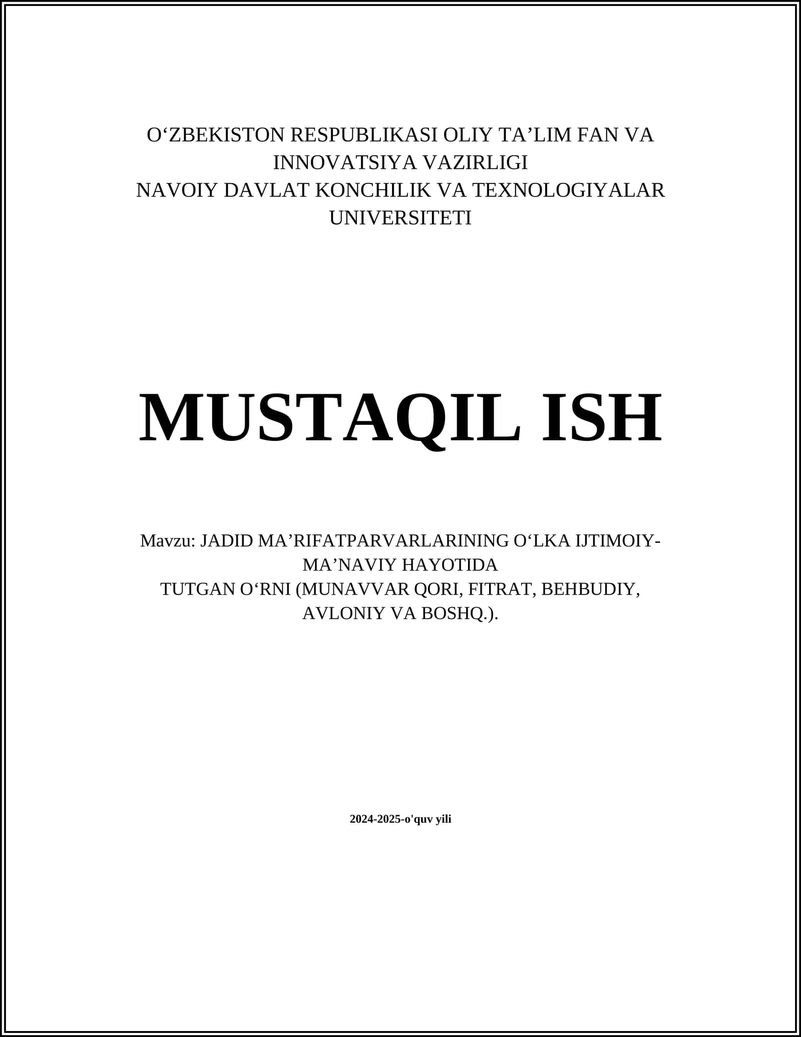 JADID MA’RIFATPARVARLARINING O‘LKA IJTIMOIY-MA’NAVIY HAYOTIDA TUTGAN O‘RNI (MUNAVVAR QORI, FITRAT, BEHBUDIY, AVLONIY VA BOSHQ.)