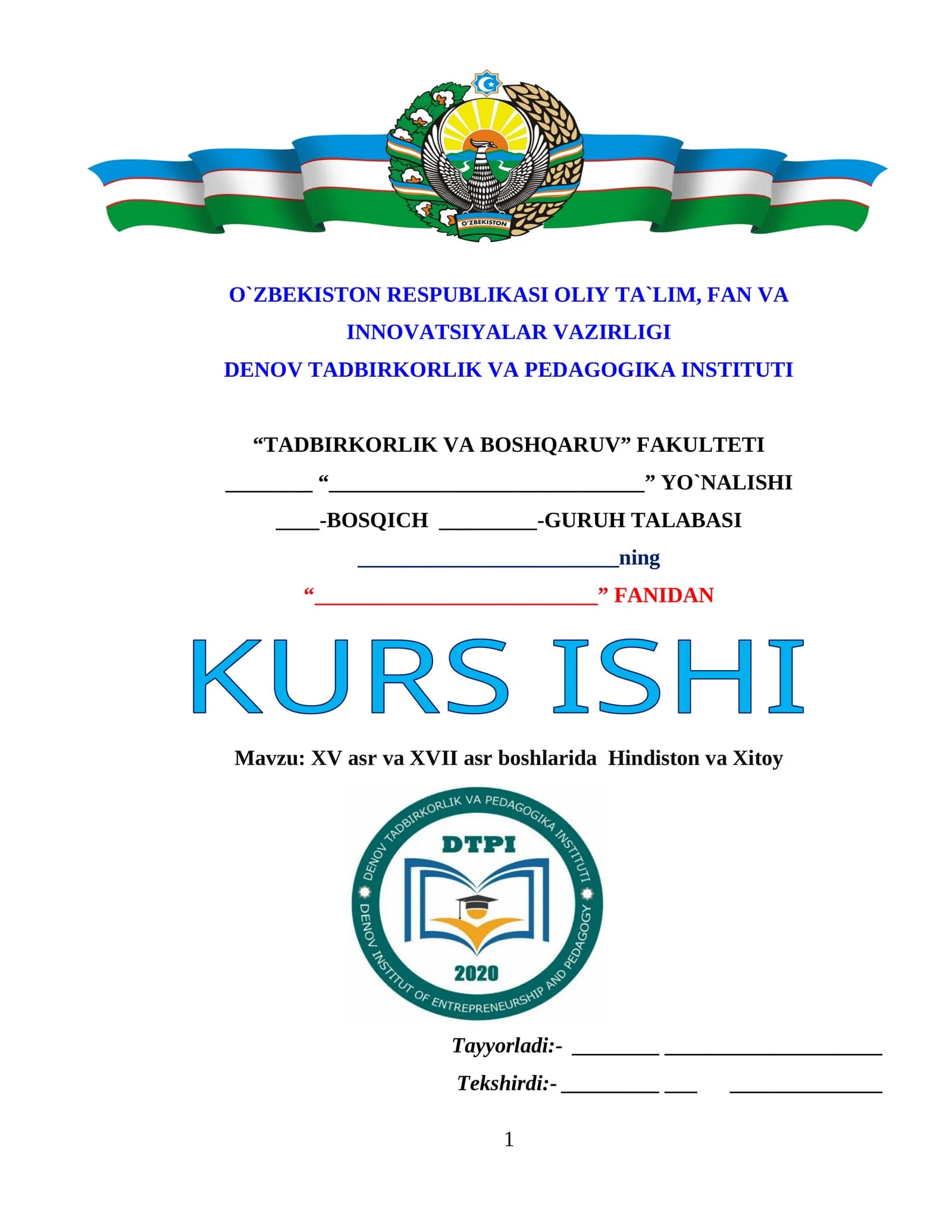 KURS ISHI: TADBIRKORLIK VA BOSHQARUV FANIDAN