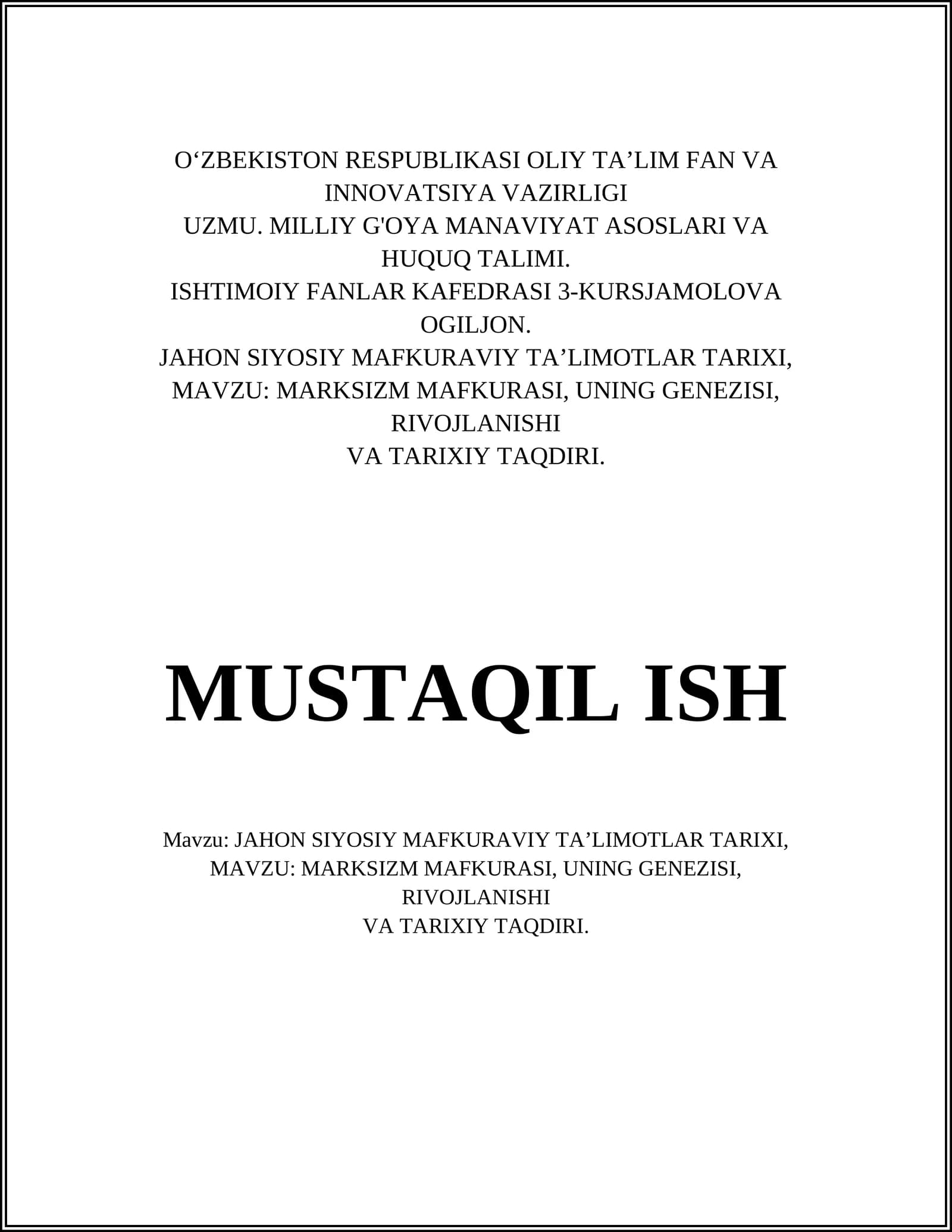 Marksizm Mafkurasi va Uning Tarixi