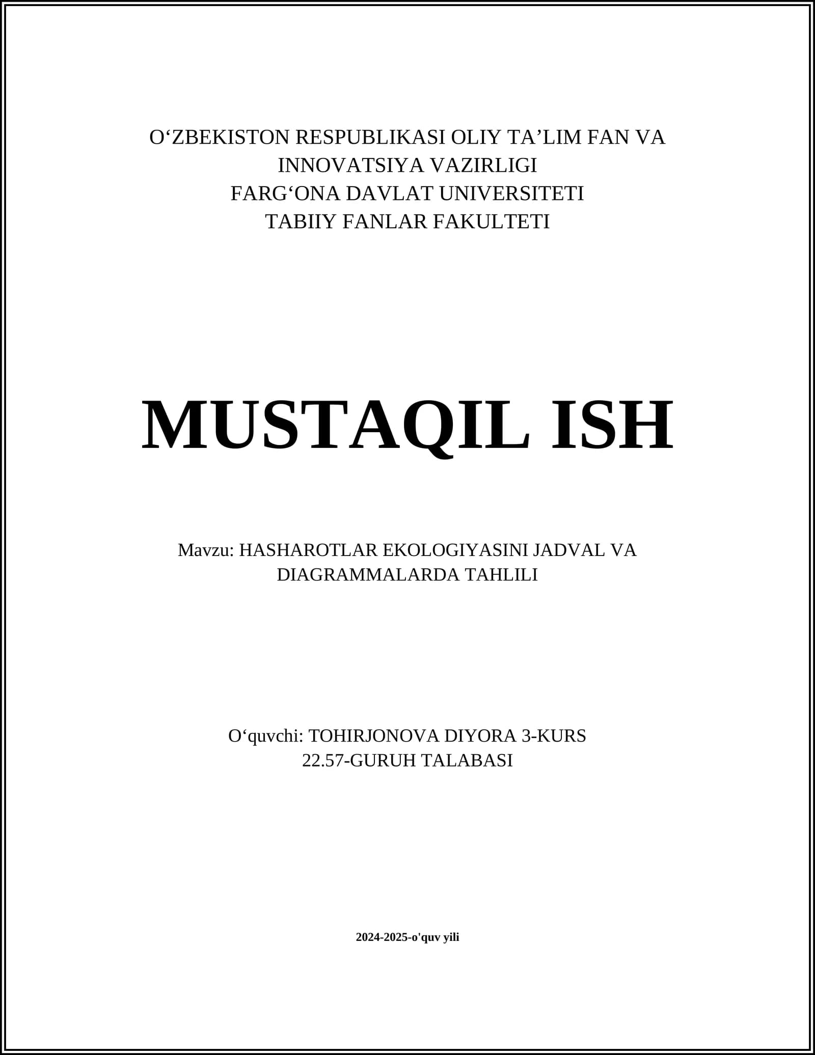 HASHAROTLAR EKOLOGIYASINI JADVAL VA DIAGRAMMALARDA TAHLILI