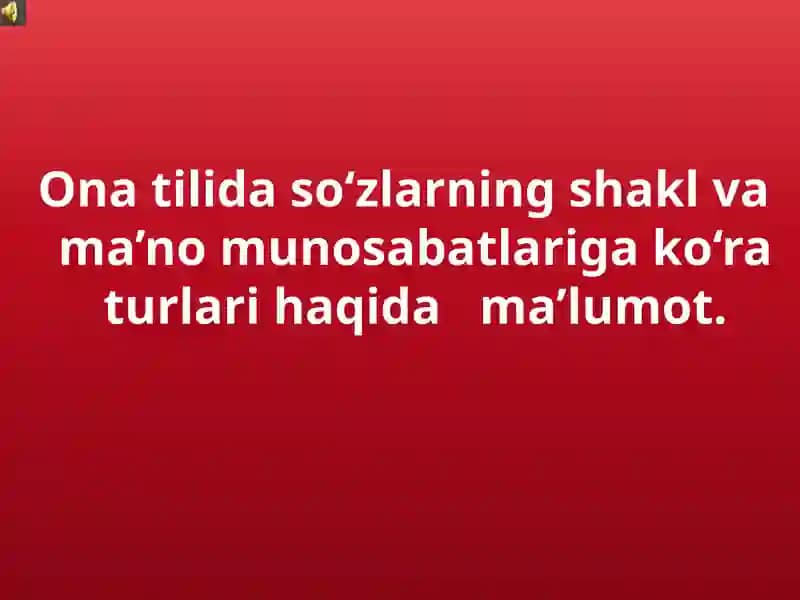 Ona tilida so‘zlarning shakl va ma’no munosabatlariga ko‘ra turlari haqida   ma’lumot.