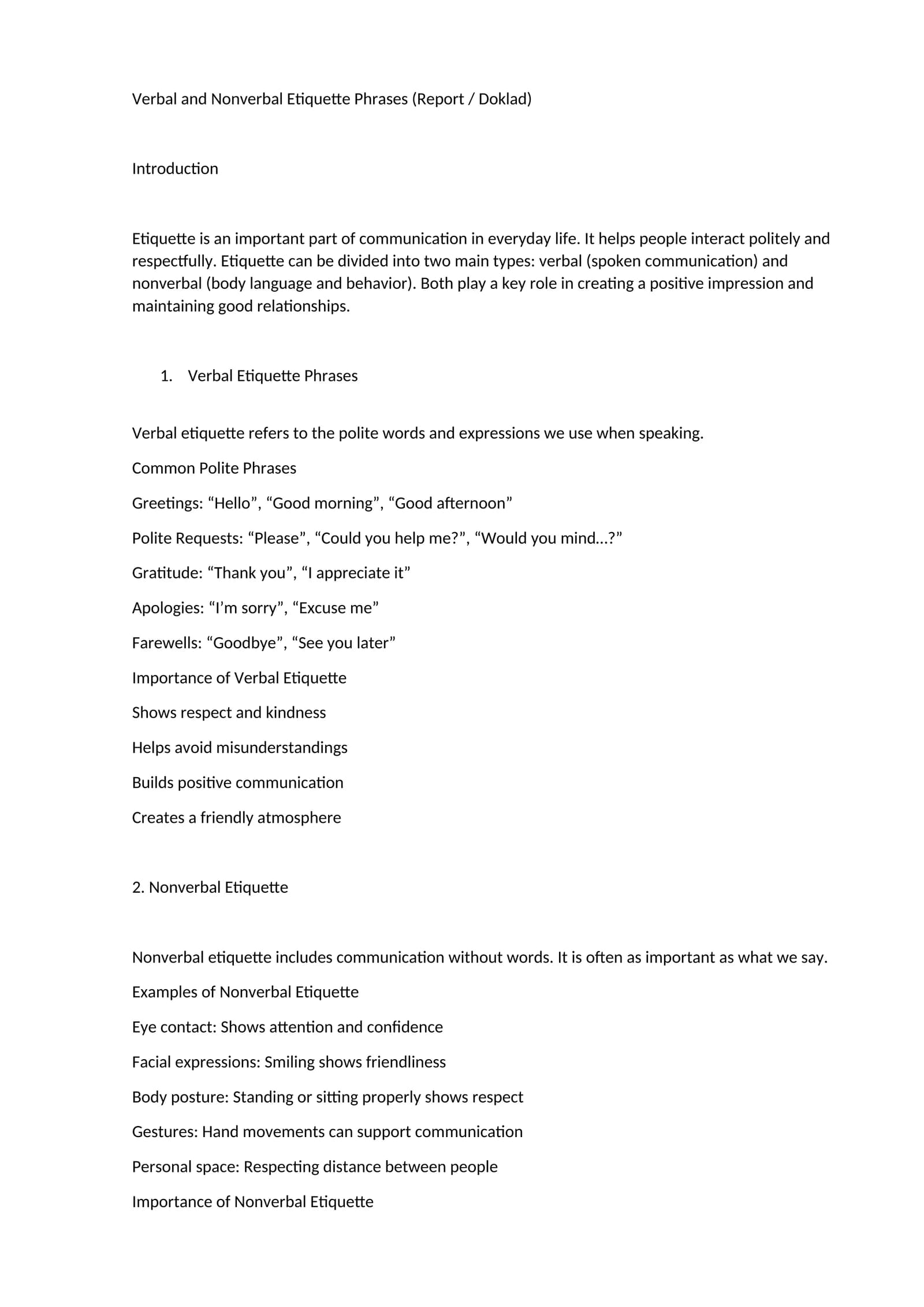 Verbal and Nonverbal Etiquette Phrases (Report / Doklad)