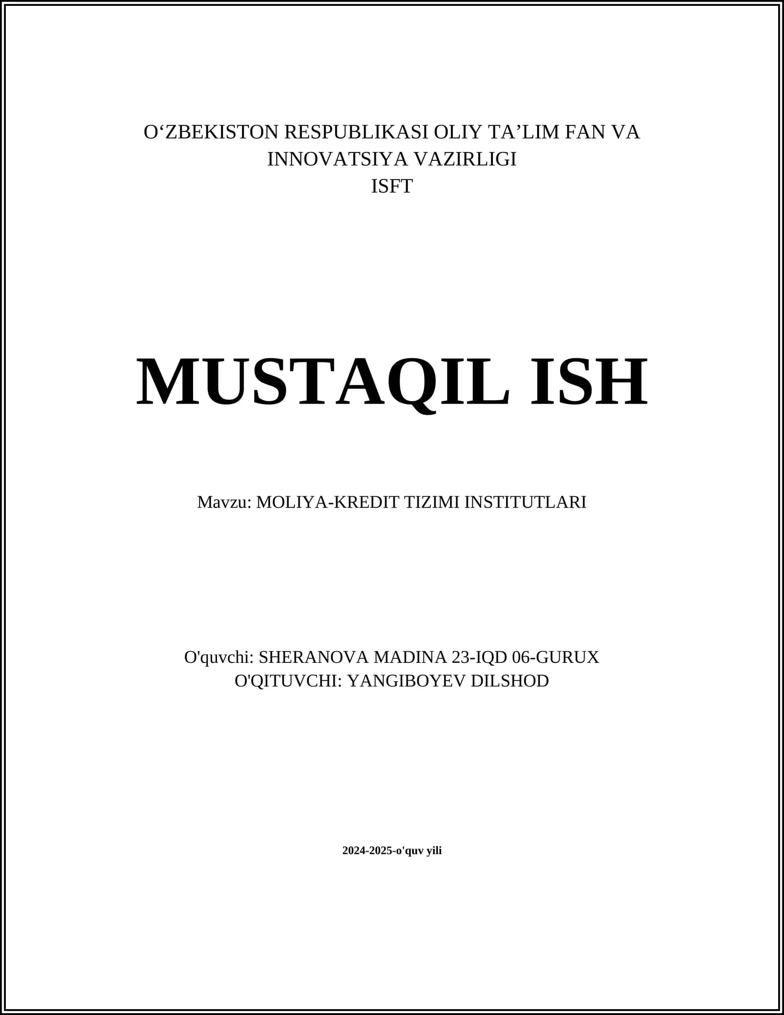 MOLIYA-KREDIT TIZIMI INSTITUTLARI