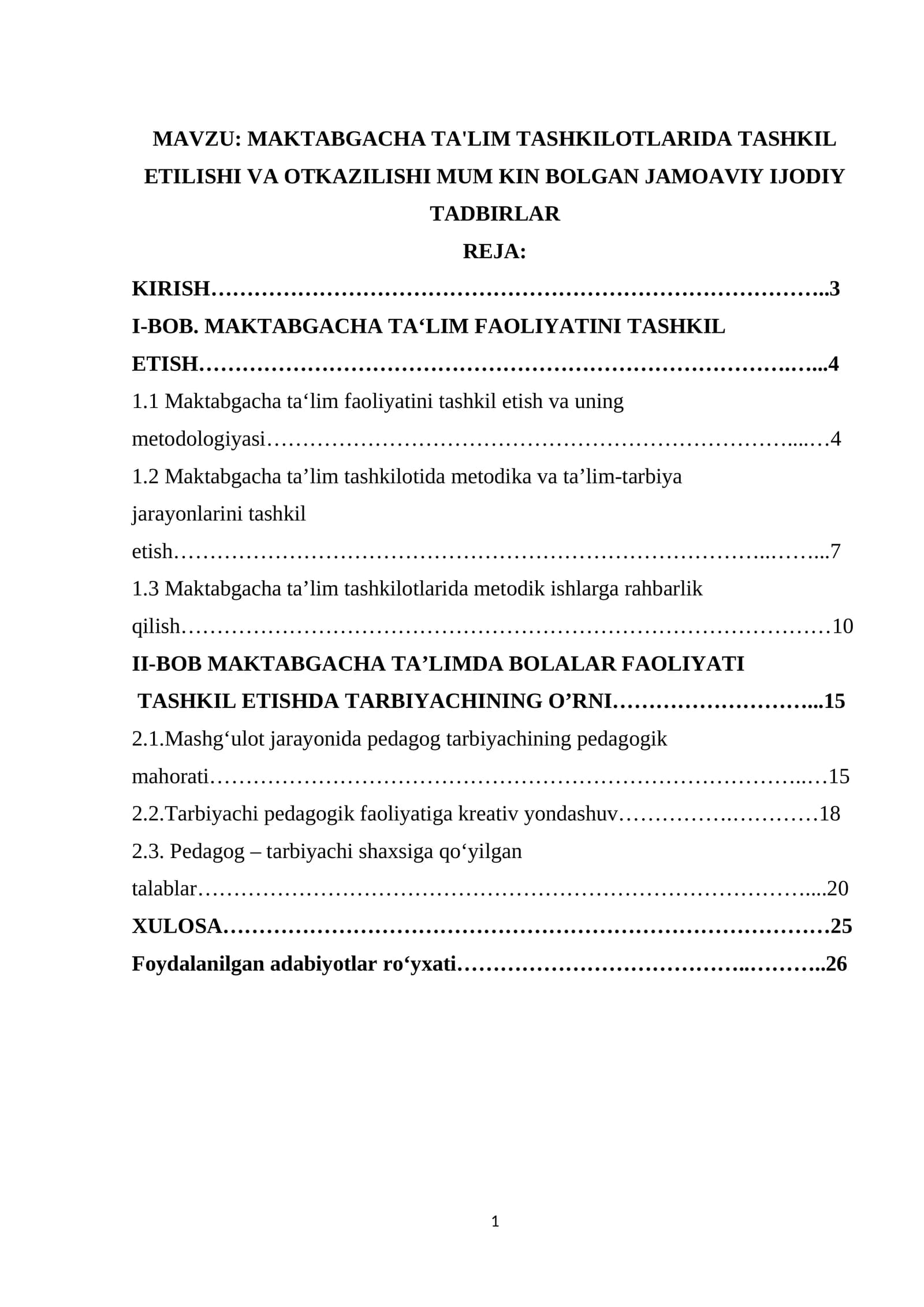 MAKTABGACHA TA'LIM TASHKILOTLARIDA TASHKIL ETILISHI VA OTKAZILISHI MUM KIN BOLGAN JAMOAVIY IJODIY TADBIRLAR