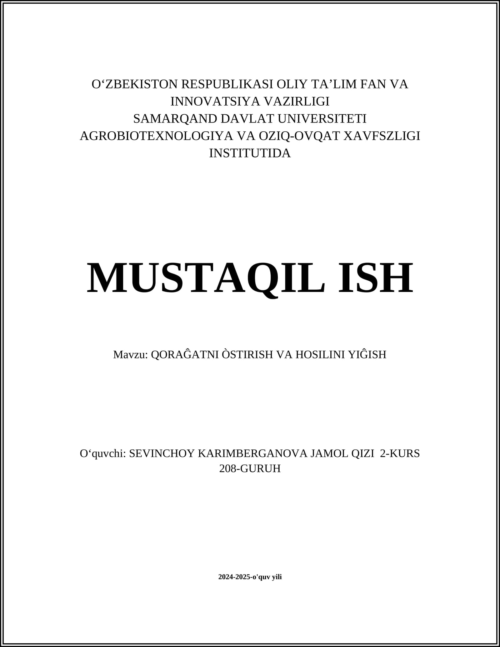 QORAĜATNI ÒSTIRISH VA HOSILINI YIĜISH