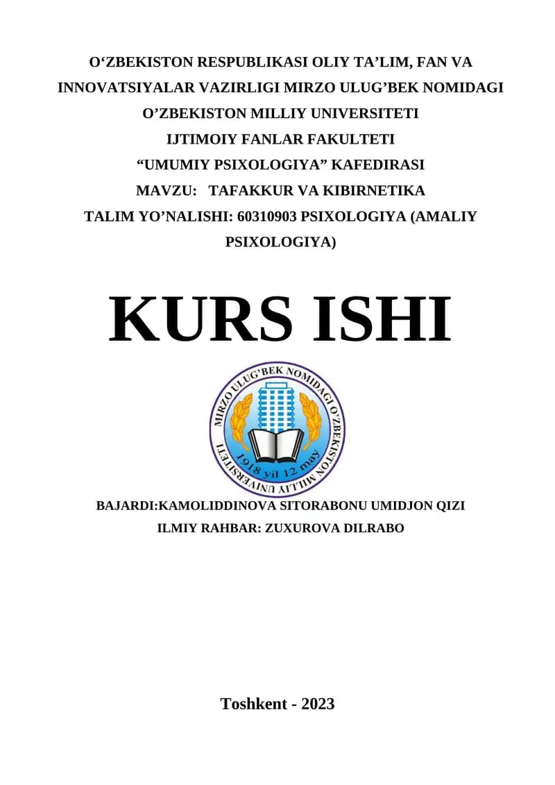 TAFAKKUR VA KIBIRNETIKA TALIM YO’NALISHI: 60310903 PSIXOLOGIYA (AMALIY PSIXOLOGIYA)